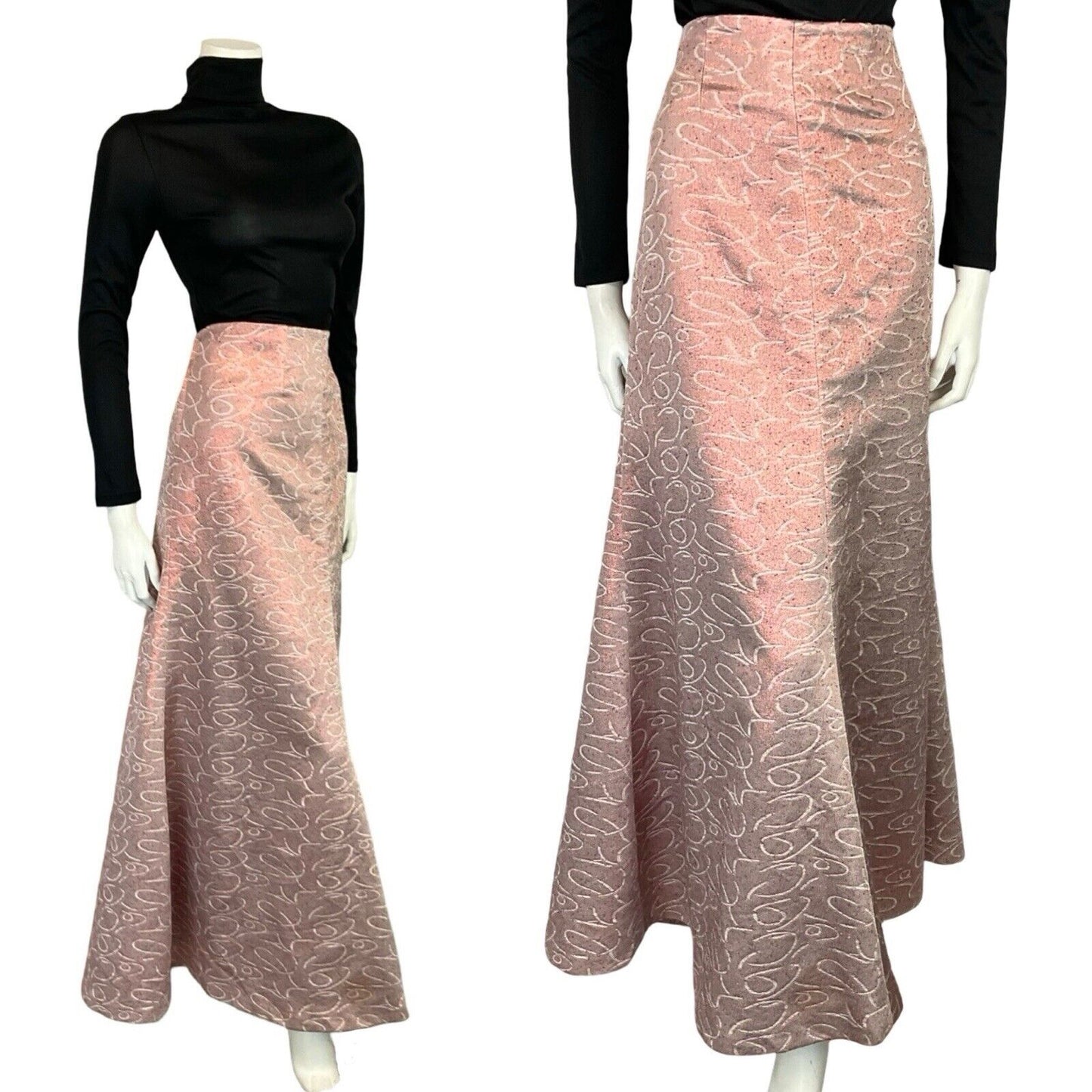VTG 60S 70S FISHTAIL PINK GEOMETRIC SWIRLY LINE SHIMMERY MAXI SKIRT 18 20