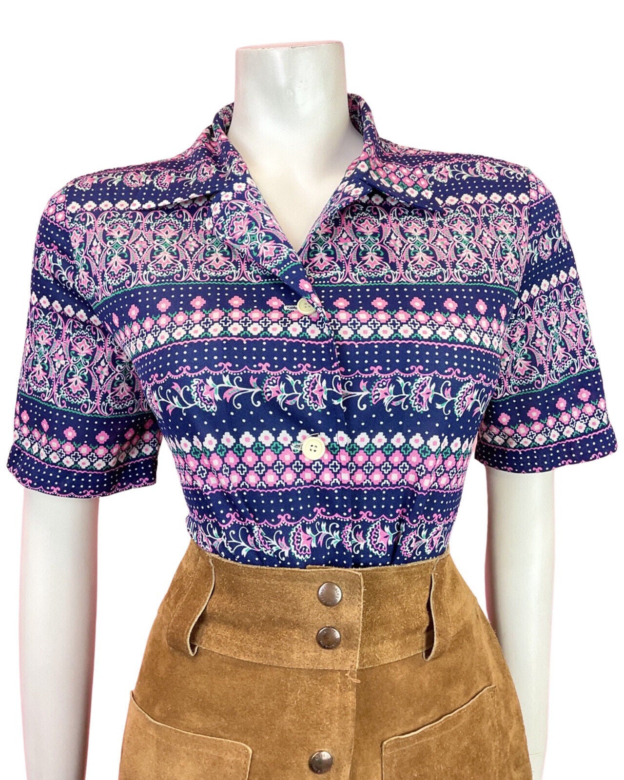 VINTAGE 60s 70s BLUE PINK WHITE PSYCHEDELIC DOTTY FLORAL BLOUSE TOP 12 14