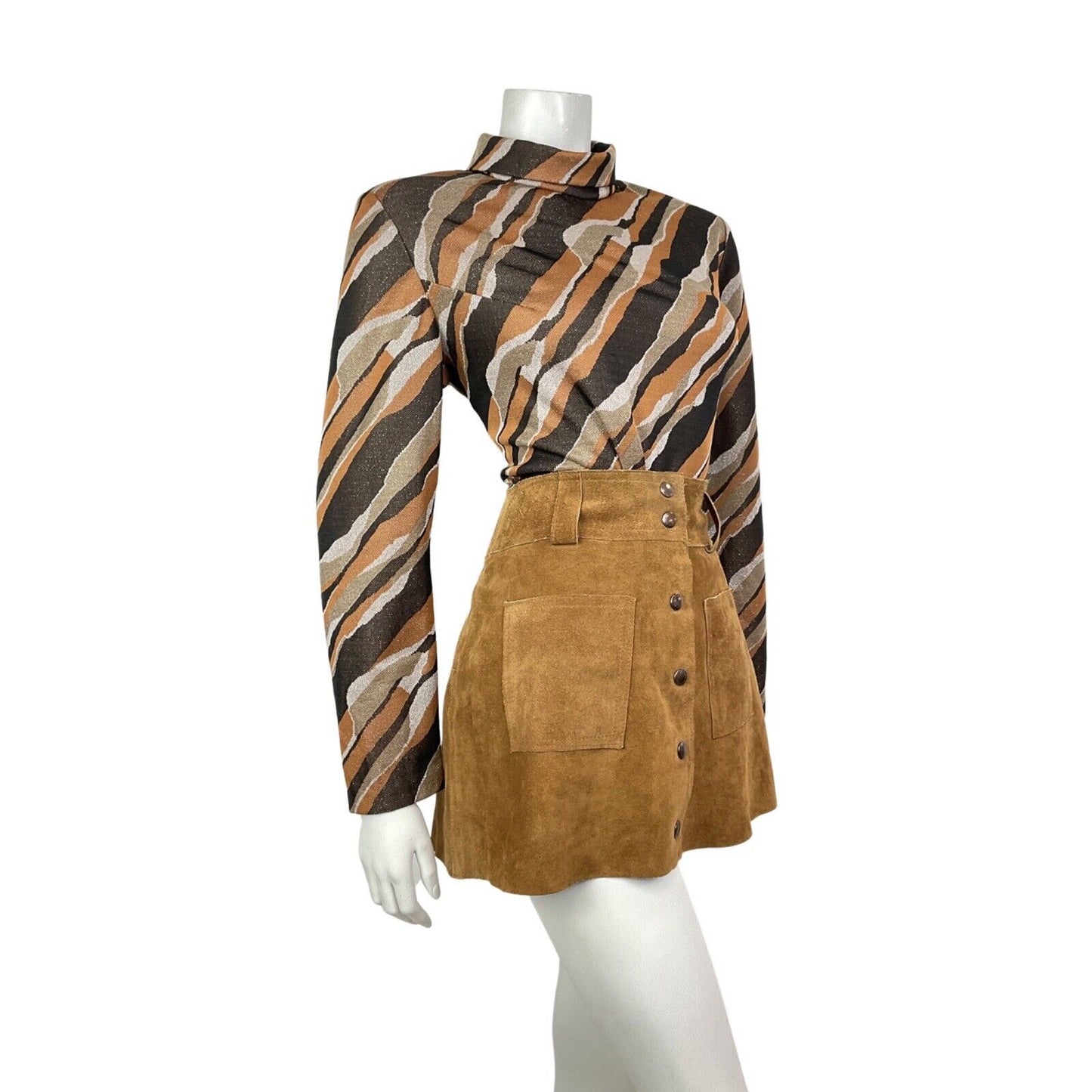 VTG 60s 70s BROWN ORANGE GOLD WHITE STRIPED LUREX PARTY MOD TURTLENECK TOP 16