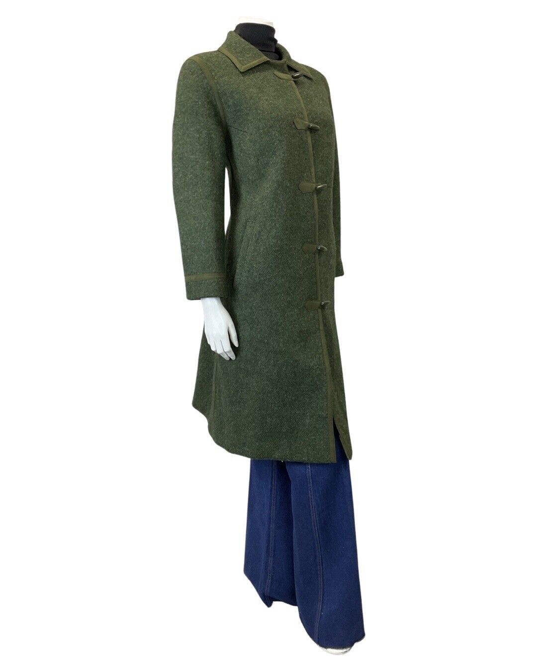 VINTAGE 60s 70s FOREST GREEN TOGGLE STRAIGHT-CUT LONG WOOL COAT 14