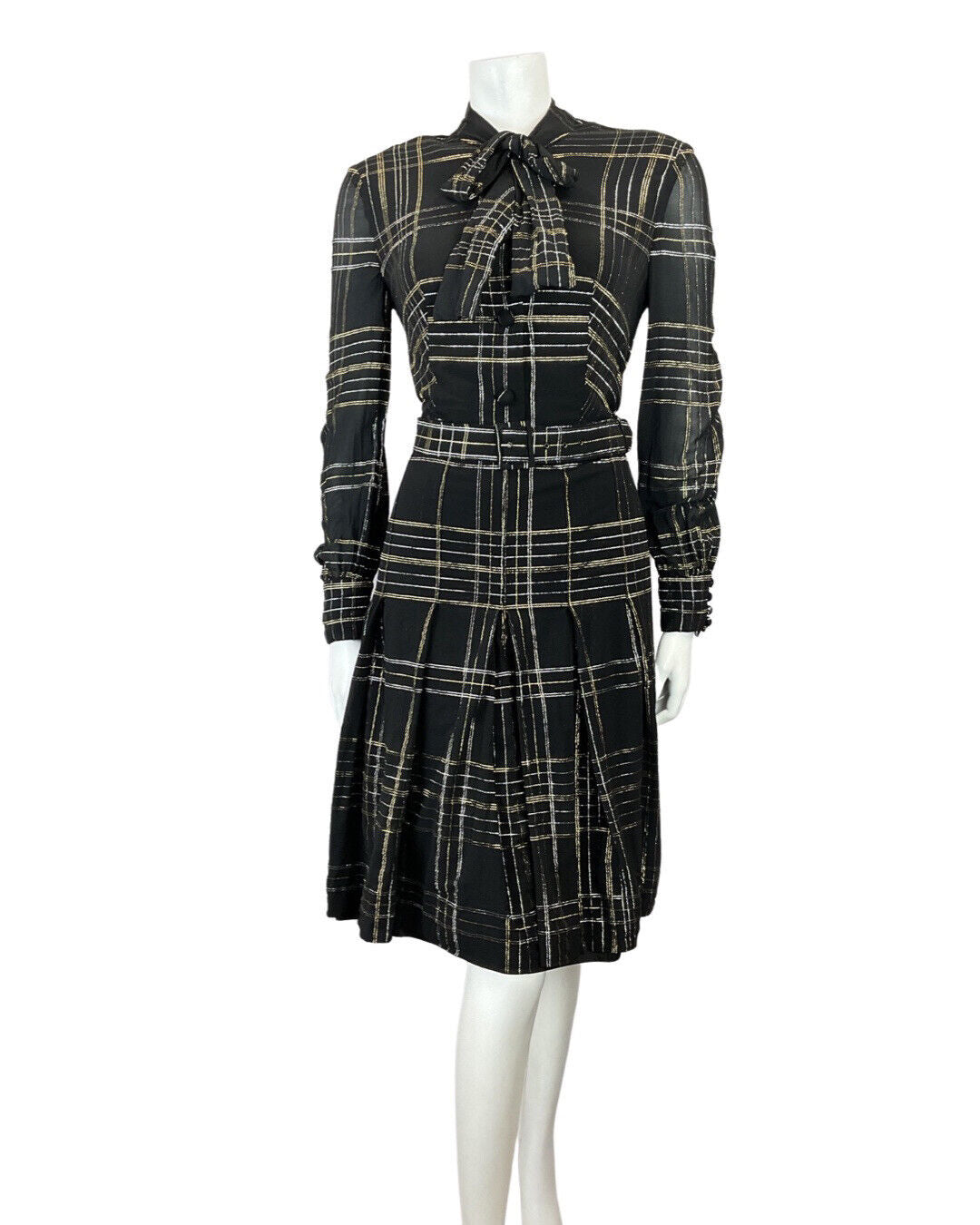 VINTAGE 60s 70s BLACK GOLD SILVER CHECKED MOD SHEER PUSSYBOW SHIRT DRESS 12