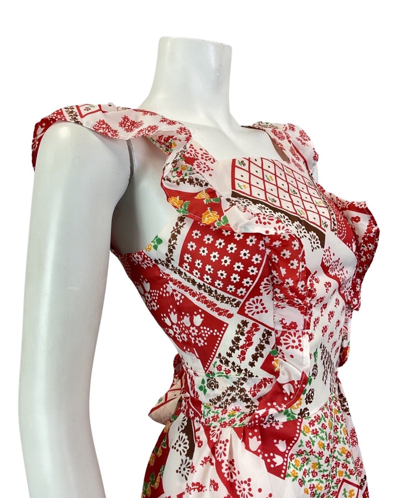 VINTAGE 60s 70s RED WHITE YELLOW PATCHWORK FLORAL PRAIRIE FOLK SUMMER DRESS 4