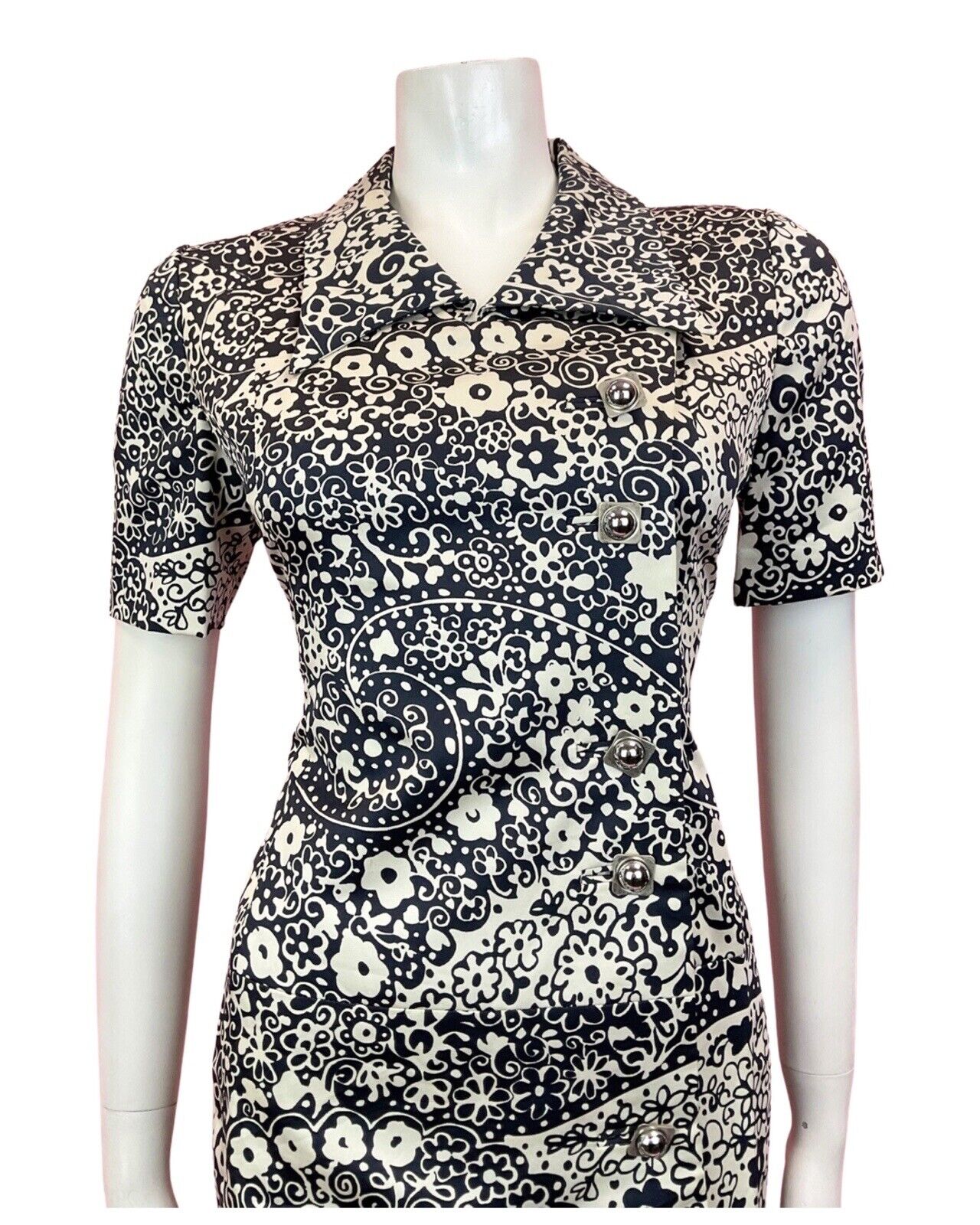 VINTAGE 60s 70s BLACK WHITE SILVER PSYCHEDELIC FLORAL MOD SHIRT DRESS 10 12