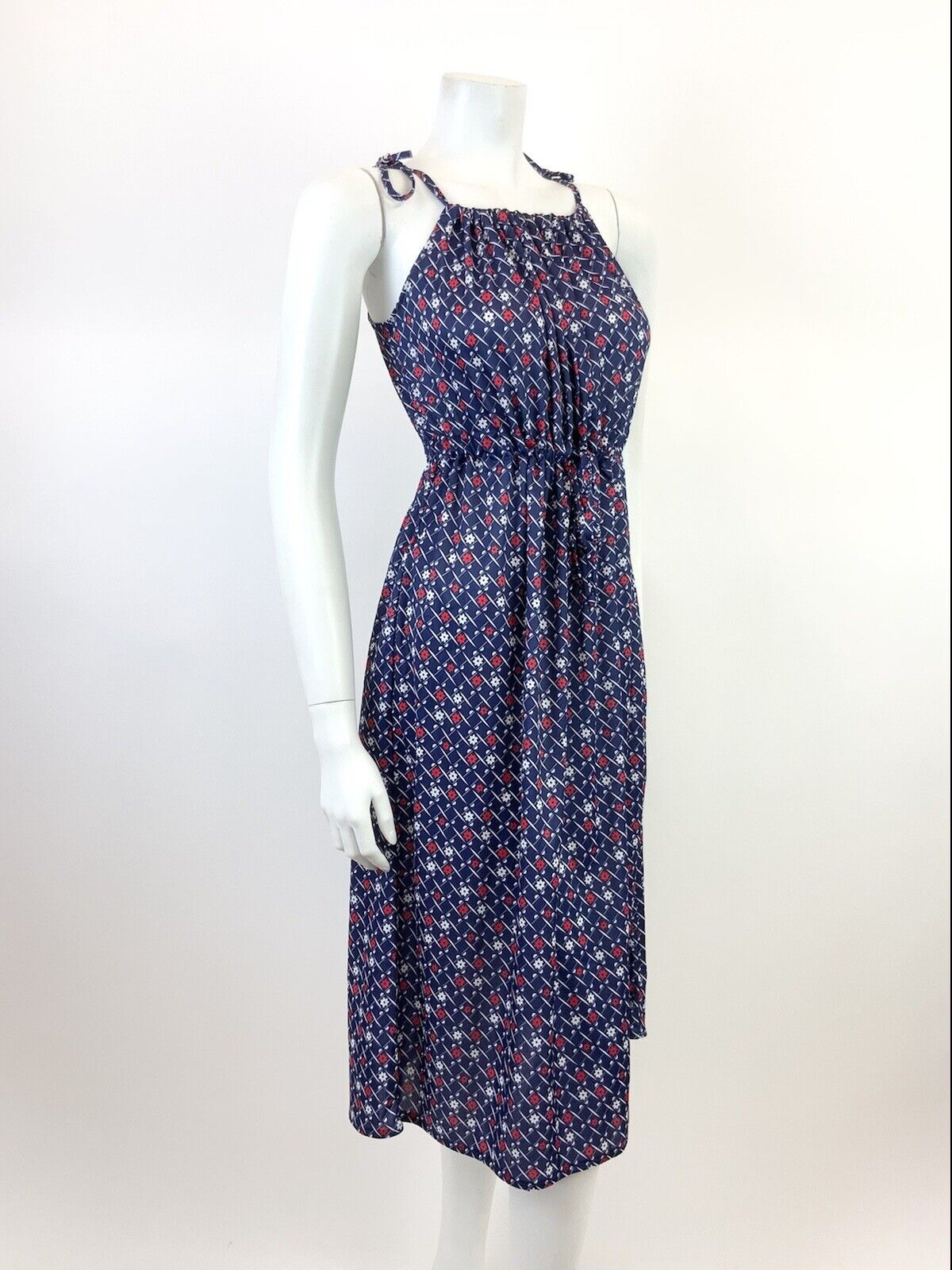 VINTAGE 70s 80s BLUE WHITE RED CHECKED GRID FLORAL STRAPPY MOD SUN DRESS 10 12