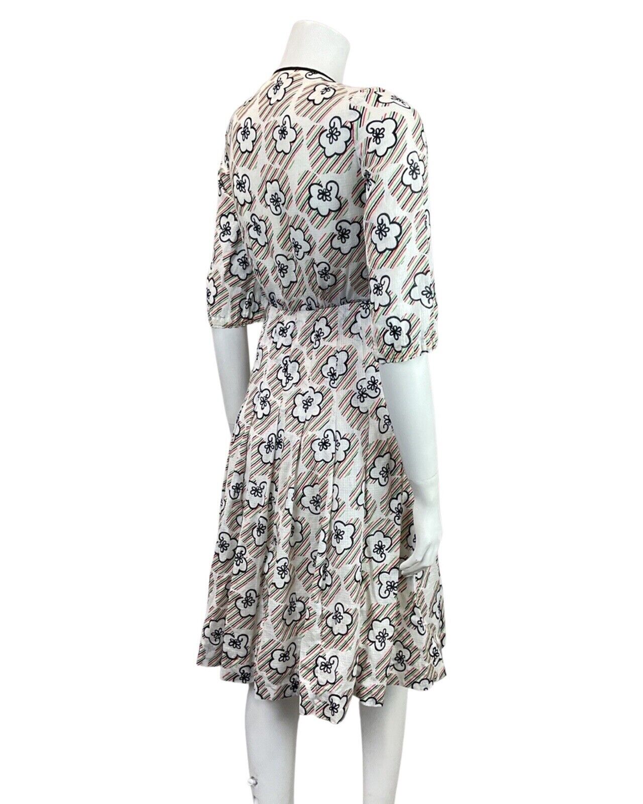 VINTAGE 60s 70s WHITE BLACK RED GREEN STRIPED FLORAL MOD SUMMER DRESS 6