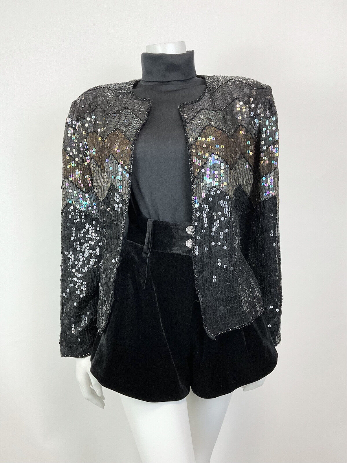 VTG 70s 80s BLACK BRONZE IRIDESCENT DISCO PARTY SEQUIN TROPHY JACKET 14 16