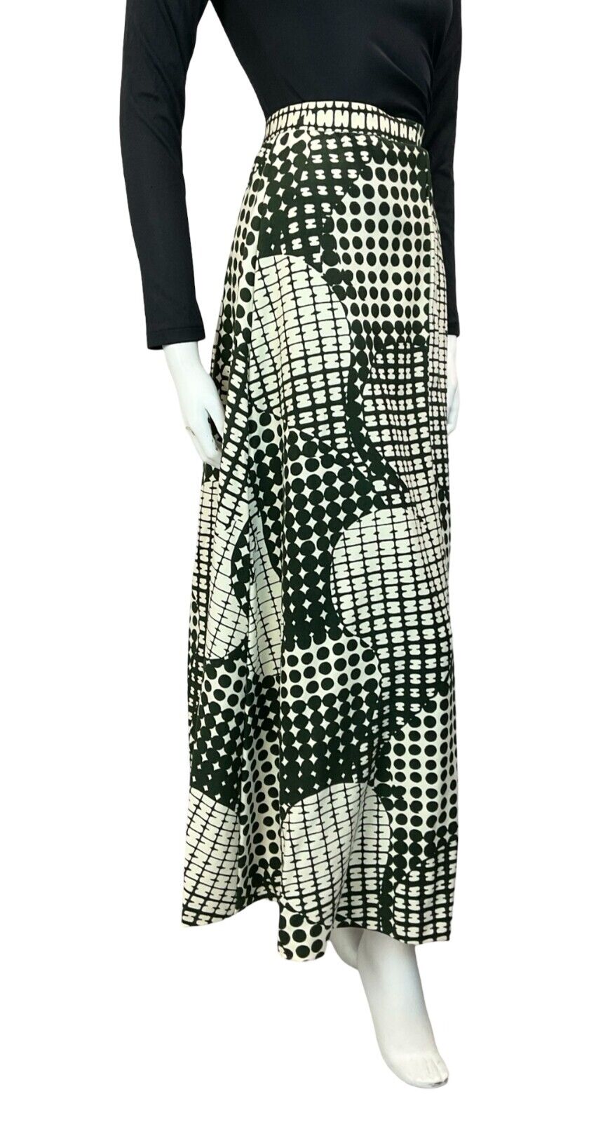 VTG 60S 70S GREEN/BLACK WHITE GEOMETRIC SPOTTY ABSTRACT PRINT MAXI SKIRT SIZE 12