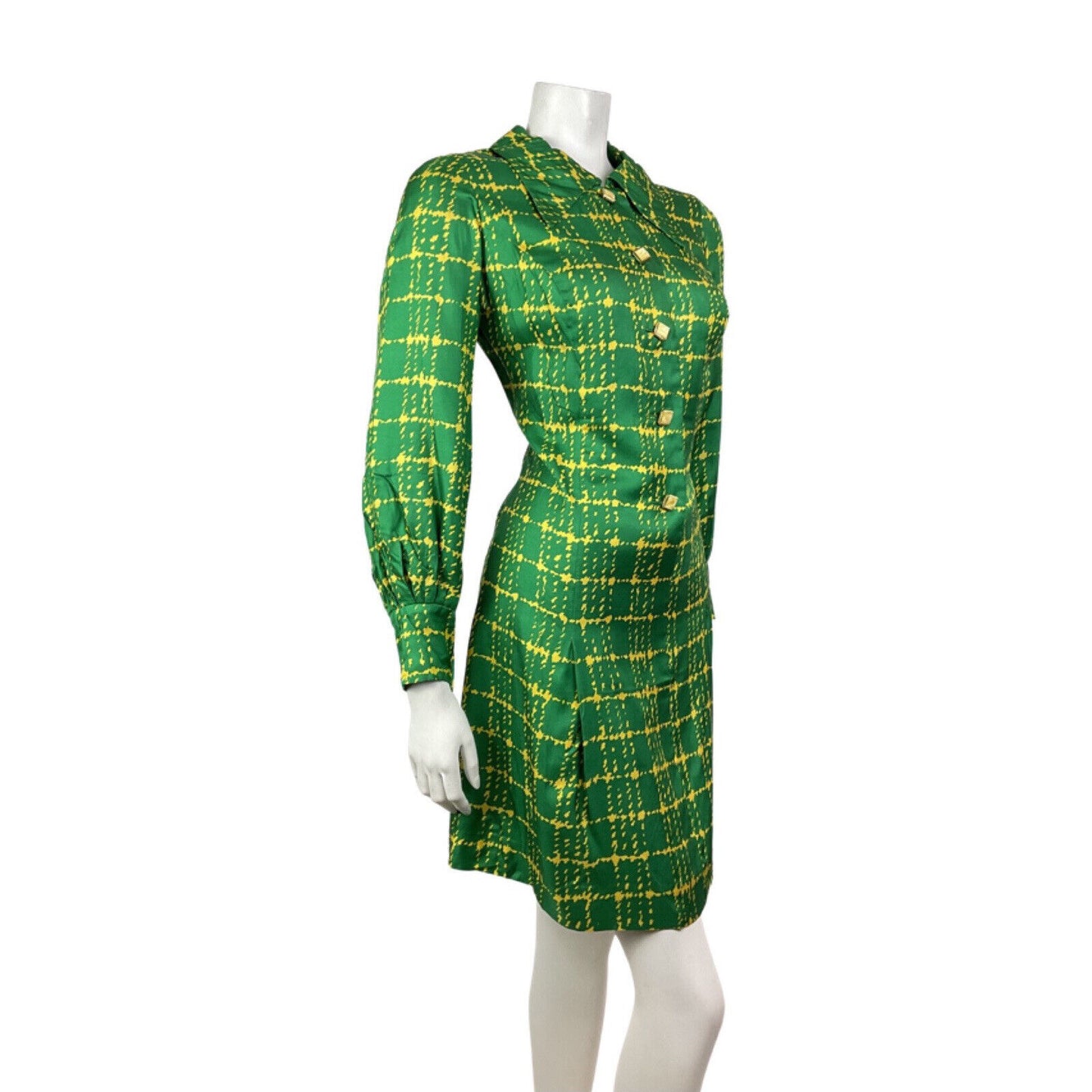 VINTAGE 60s 70s GREEN YELLOW CHECKED MOD DAGGER COLLAR SHIRT DRESS 12 14