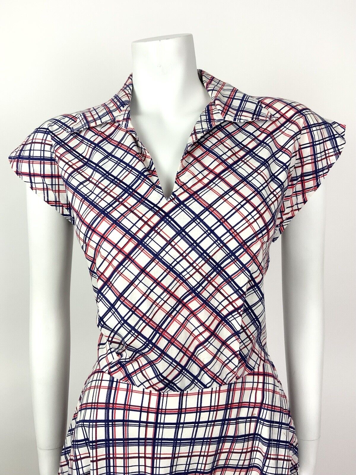 VINTAGE 60s 70s WHITE BLUE RED GRID CHECKED MOD WING SHIRT DRESS 10 12