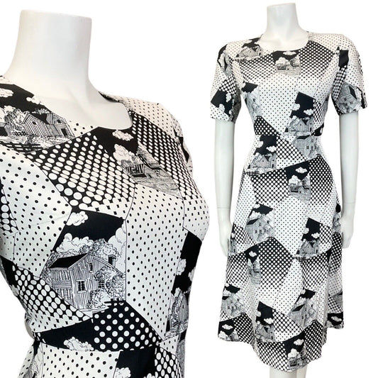 VINTAGE 60s 70s WHITE BLACK POLKA-DOT COTTAGE GEOMETRIC MOD SWING DRESS 10 12