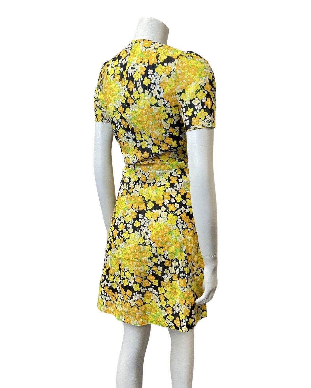 VINTAGE 60s 70s YELLOW BLACK WHITE DITSY DAISY FLORAL MOD SHORT DRESS 8 10