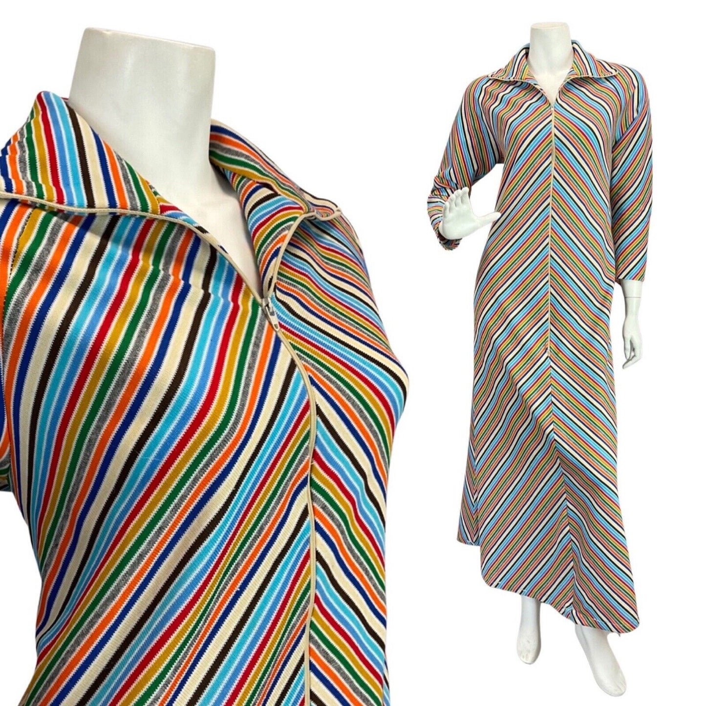 VINTAGE 70s BLUE WHITE RED GREEN STRIPED MOD ZIP-UP SHIRT MAXI DRESS 12 14