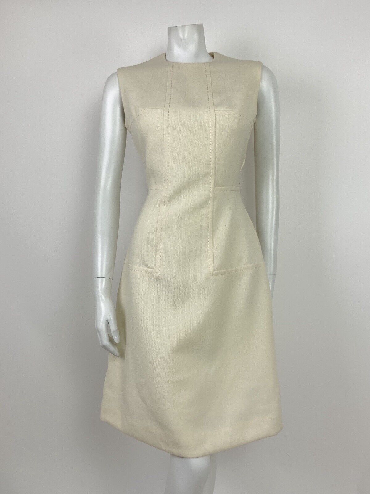 VINTAGE 60s 70s MOD CREAM WOOL SLEEVELESS WIGGLE FITTED DRESS 12