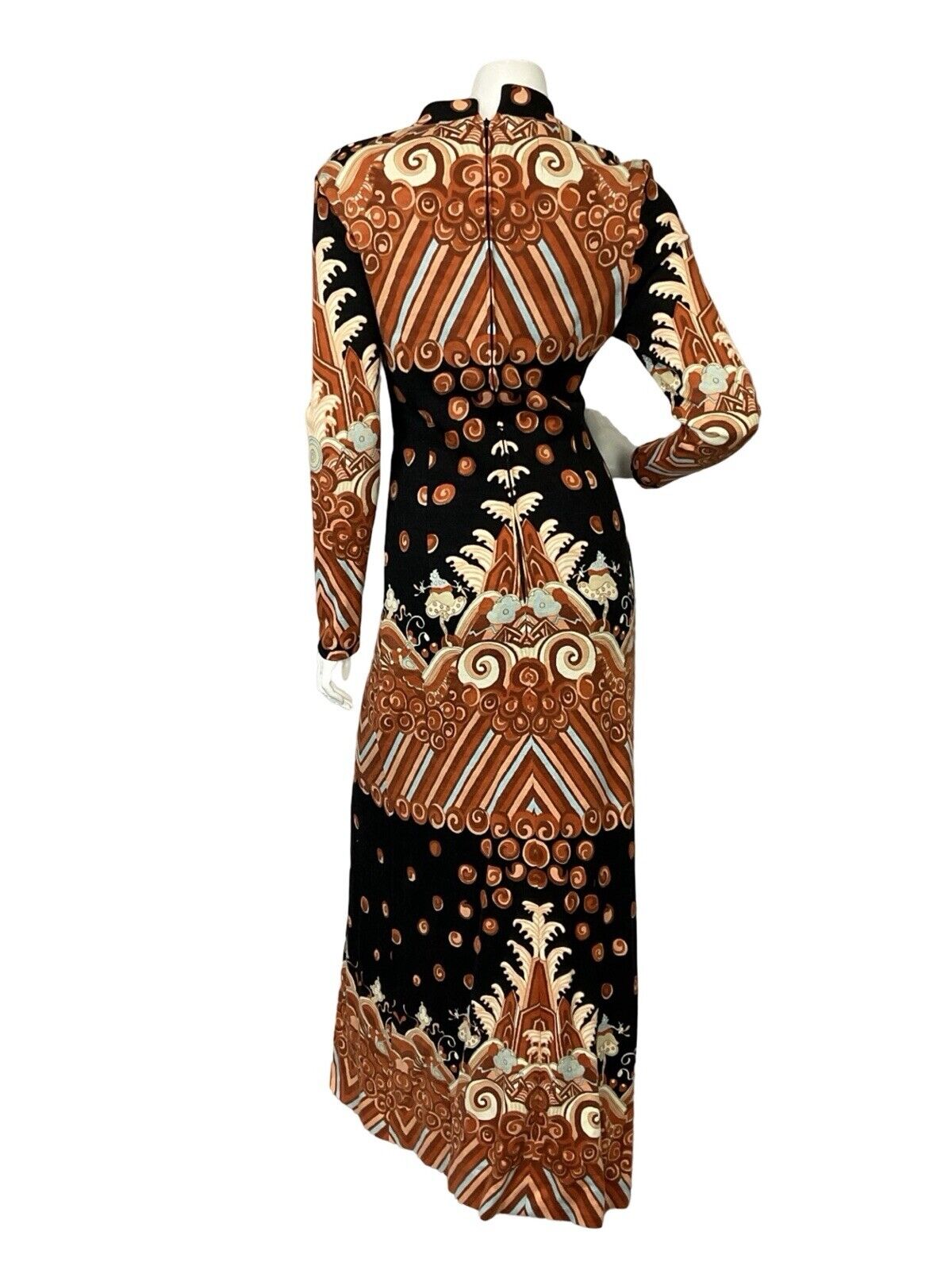 VTG 60S 70S ORANGE BLUE BLACK PSYCHEDELIC HIPPY KEYHOLE PARTY MAXI DRESS S 8 10