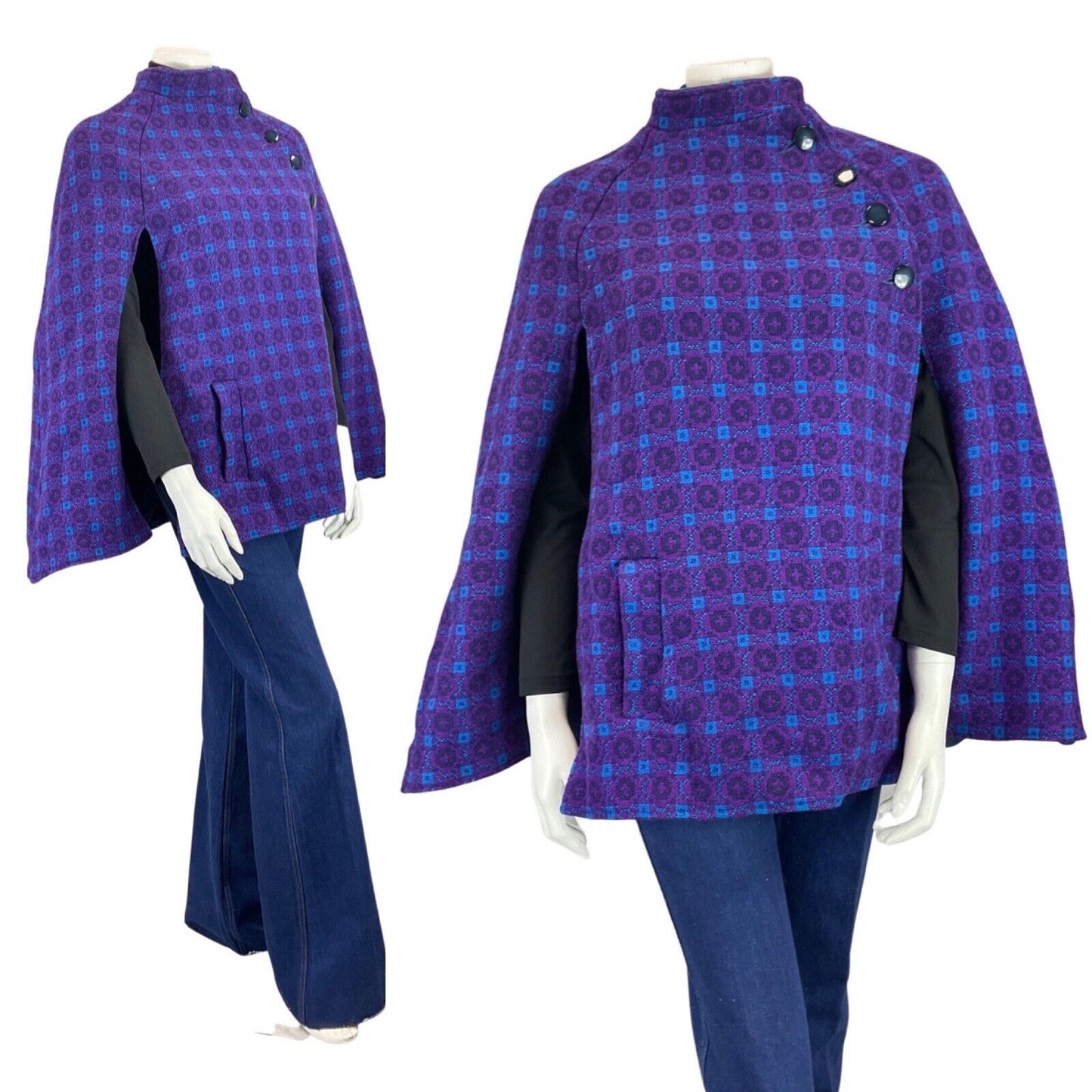 VINTAGE 60s PURPLE BLUE BLACK GEOMETRIC TILED MOD WOOL CAPE 6 8