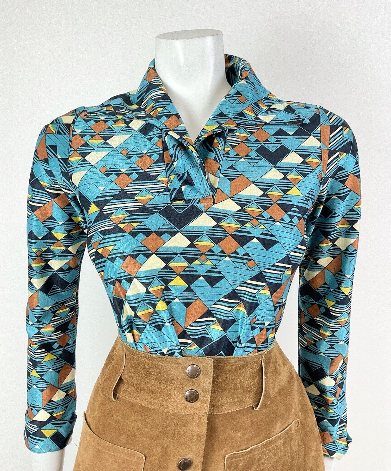 VTG 60s 70s METALLIC BLUE BRONZE CREAM GEOMETRIC CHECKED DAGGER BLOUSE 8 10