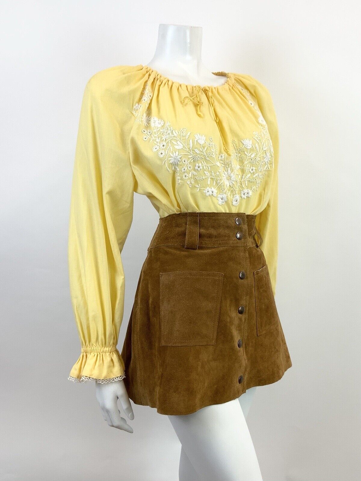 VINTAGE 60s 70s YELLOW WHITE FLORAL ANGLAISE EMBROIDERY BOHO FOLK BLOUSE 14 16