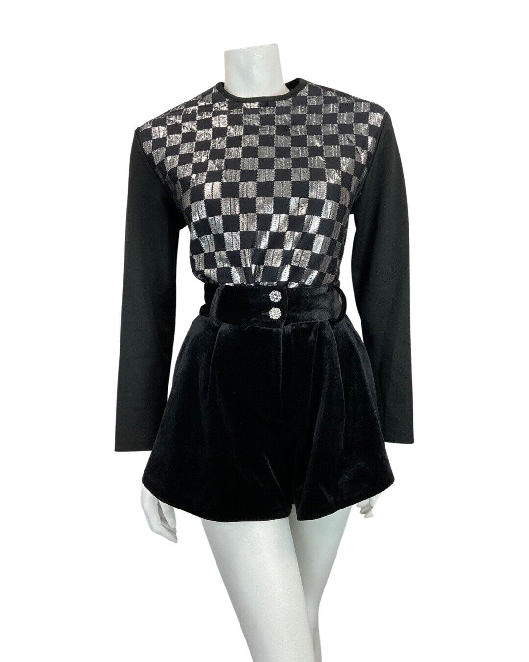 VINTAGE 60s 70s BLACK SILVER CHECKERBOARD MOD DISCO LONGSLEEVE BLOUSE TOP 14 16