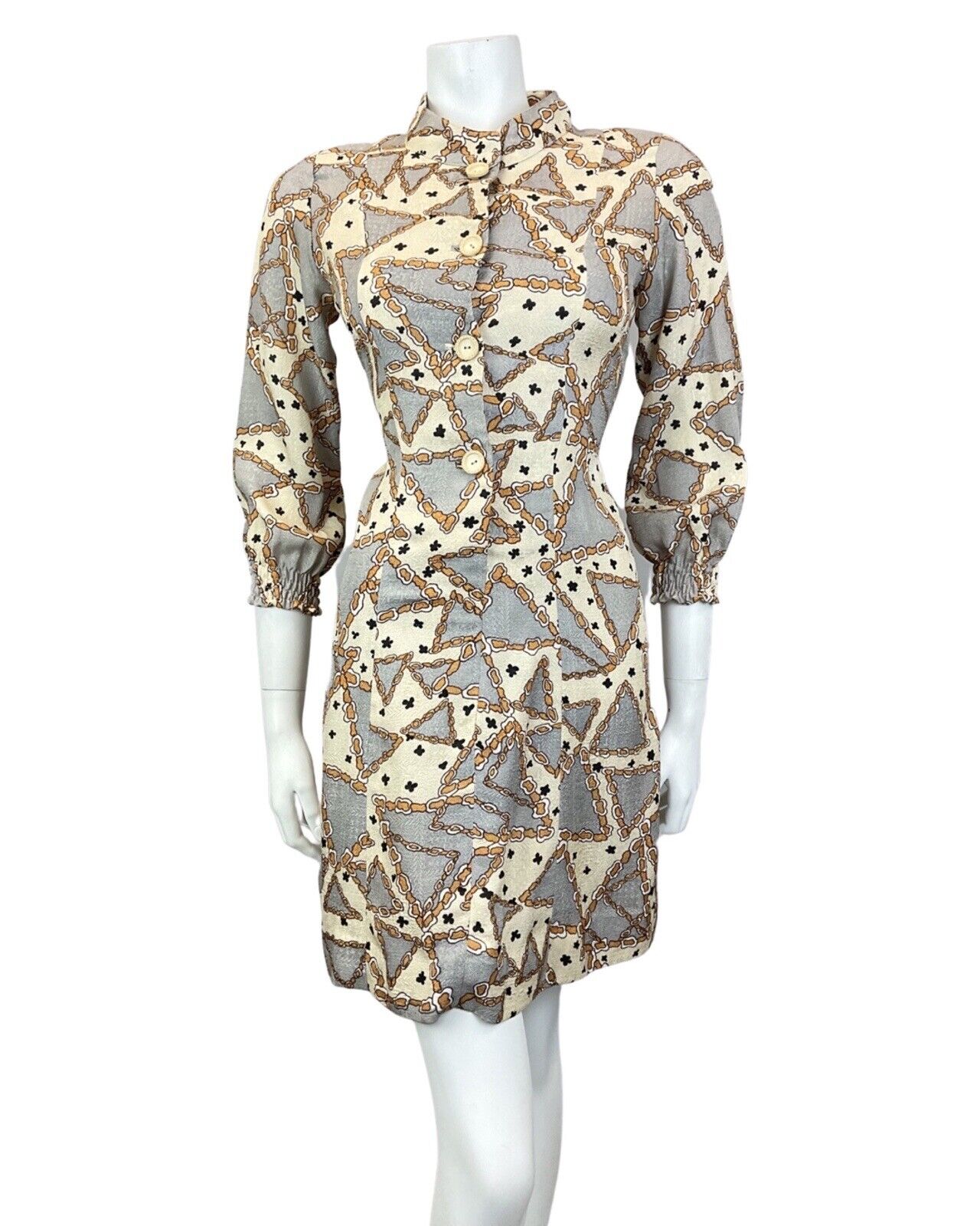 VINTAGE 60s 70s CREAM SILVER BROWN GLITTERY GEOMETRIC CHAIN MOD SHORT DRESS 10