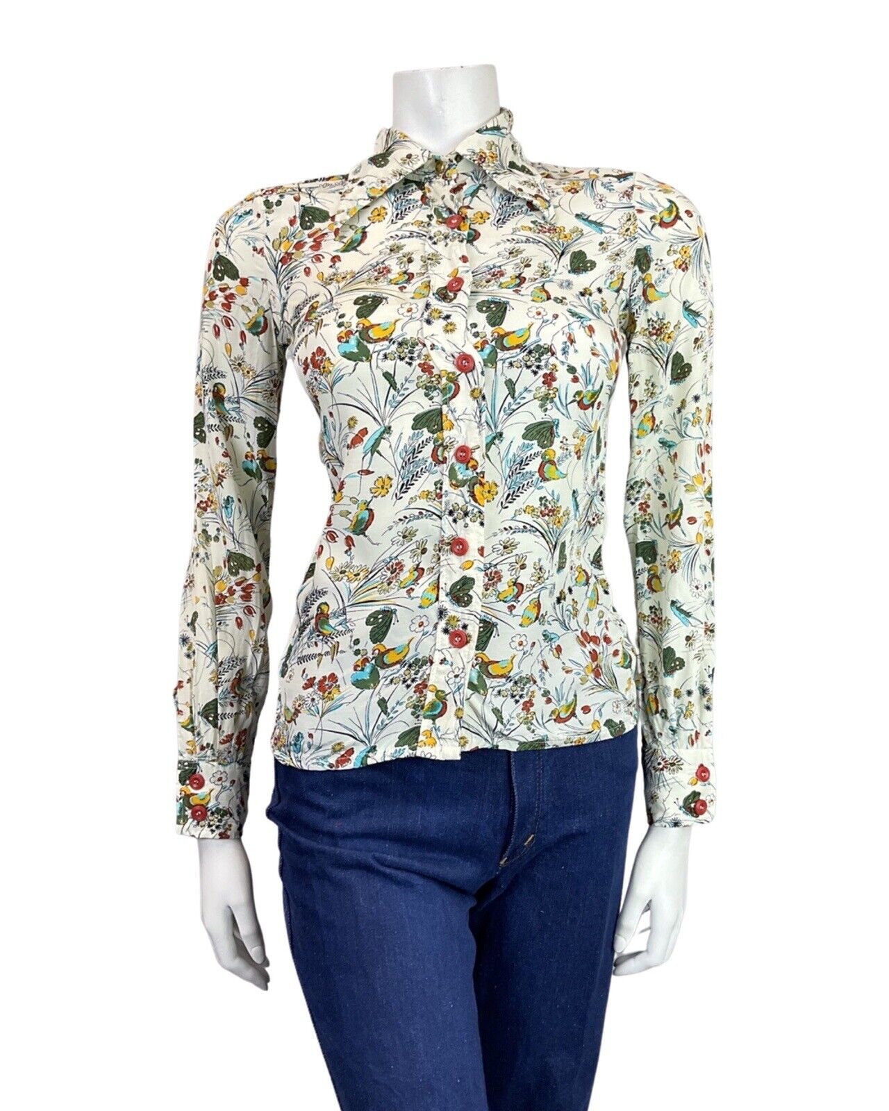 VINTAGE 60s 70s WHITE GREEN RED FLORAL GARDEN BIRD BUTTERFLY MOD DAGGER SHIRT 8
