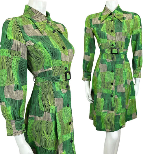 VINTAGE 60s 70s GREEN ABSTRACT PRINT DAGGER COLLAR MIDI MOD BOHO DRESS 12
