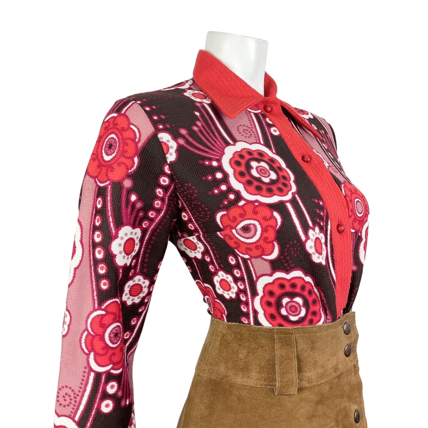 VINTAGE 60s 70s PINK RED BROWN FLORAL PSYCHEDELIC MOD DAGGER COLLAR BLOUSE 12 14