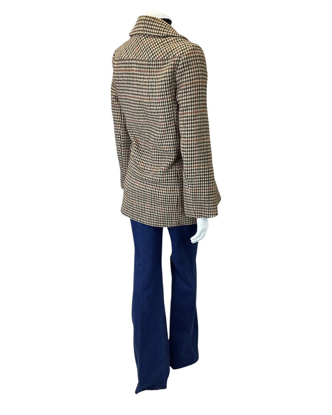 VINTAGE 60s 70s BROWN GREEN CREAM TWEED HOUNDSTOOTH SHORT WOOL COAT 14