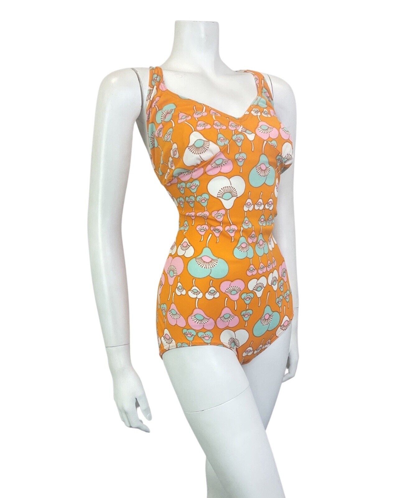 VINTAGE 60s 70s ORANGE PINK BLUE FLORAL MOD STRAPPY SWIMSUIT BODYSUIT 14 16