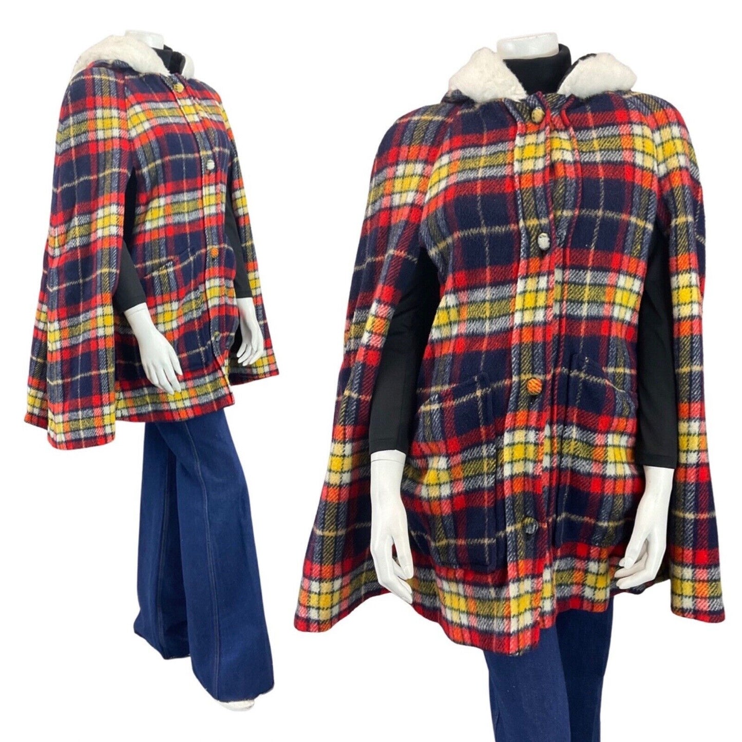 VINTAGE 60s BLUE RED WHITE TARTAN PLAID MOD FAUX-FUR HOODED WOOL CAPE 8