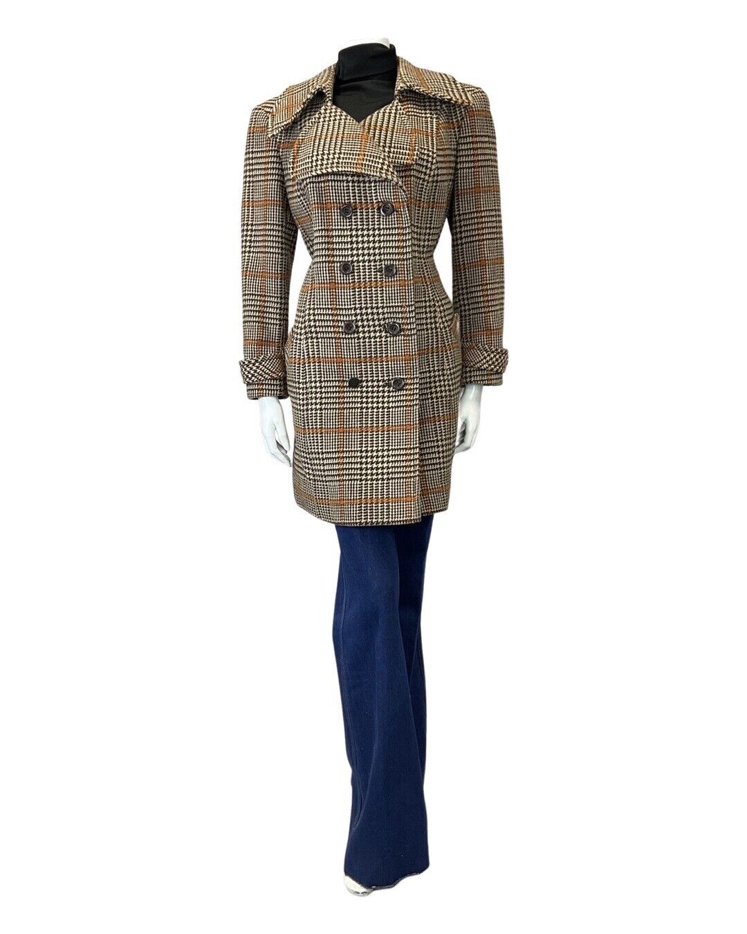 VINTAGE 60s 70s BROWN CREAM ORANGE GLEN CHECKED DOUBLE-BREASTED WOOL COAT 16 18
