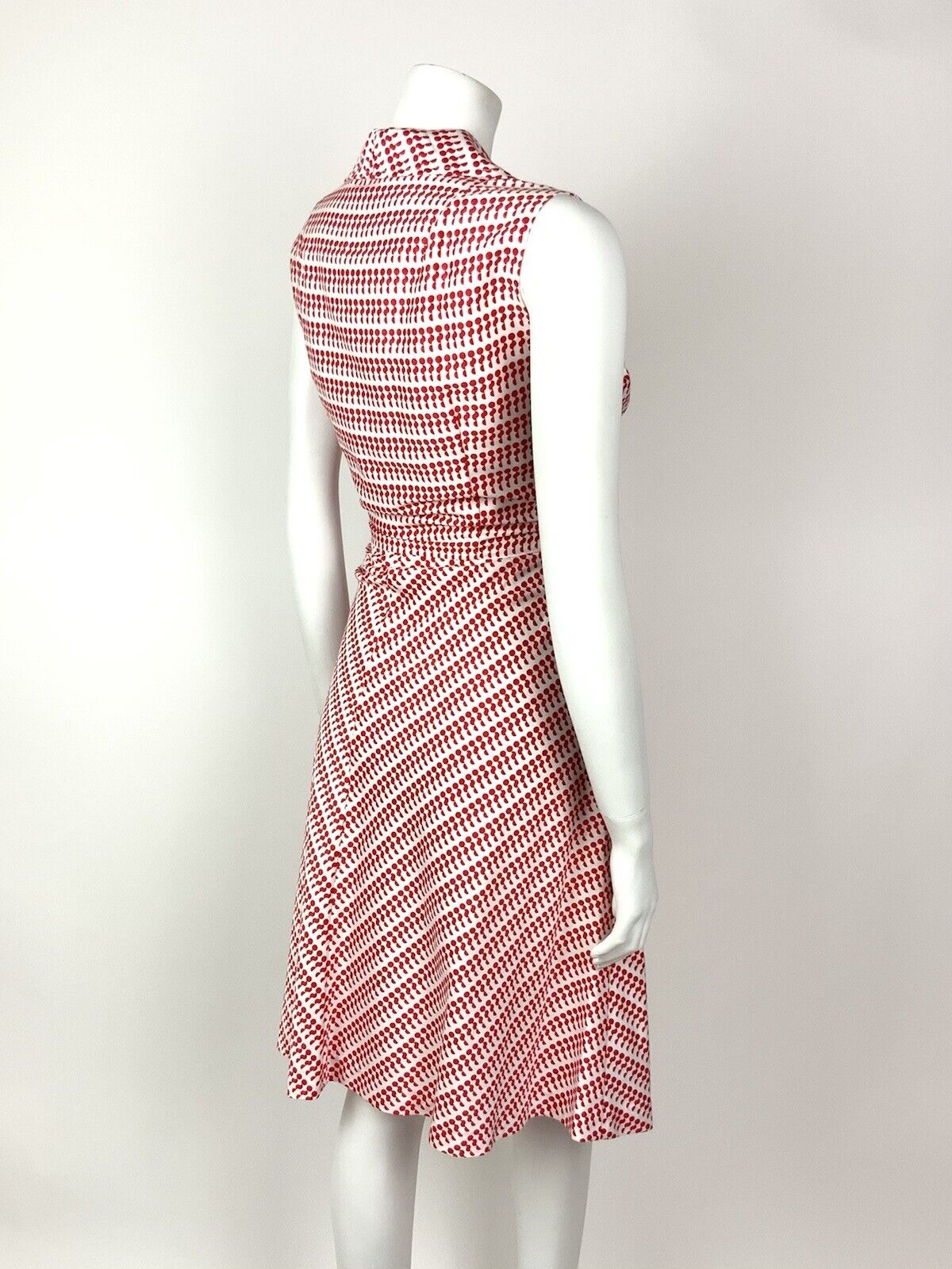 VINTAGE 60s 70s RED WHITE DOTTY GEOMETRIC SLEEVELESS SHIRT DRESS 12 14
