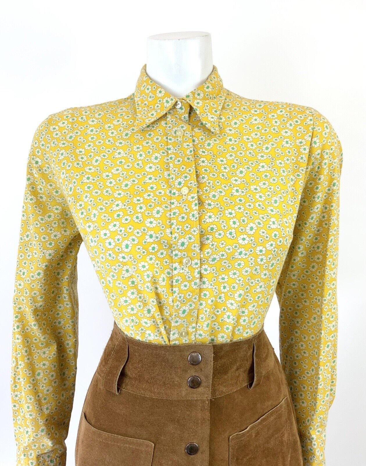 VINTAGE 60s 70s YELLOW WHITE GREEN FLORAL DITSY MOD DAGGER SHIRT BLOUSE 16 18