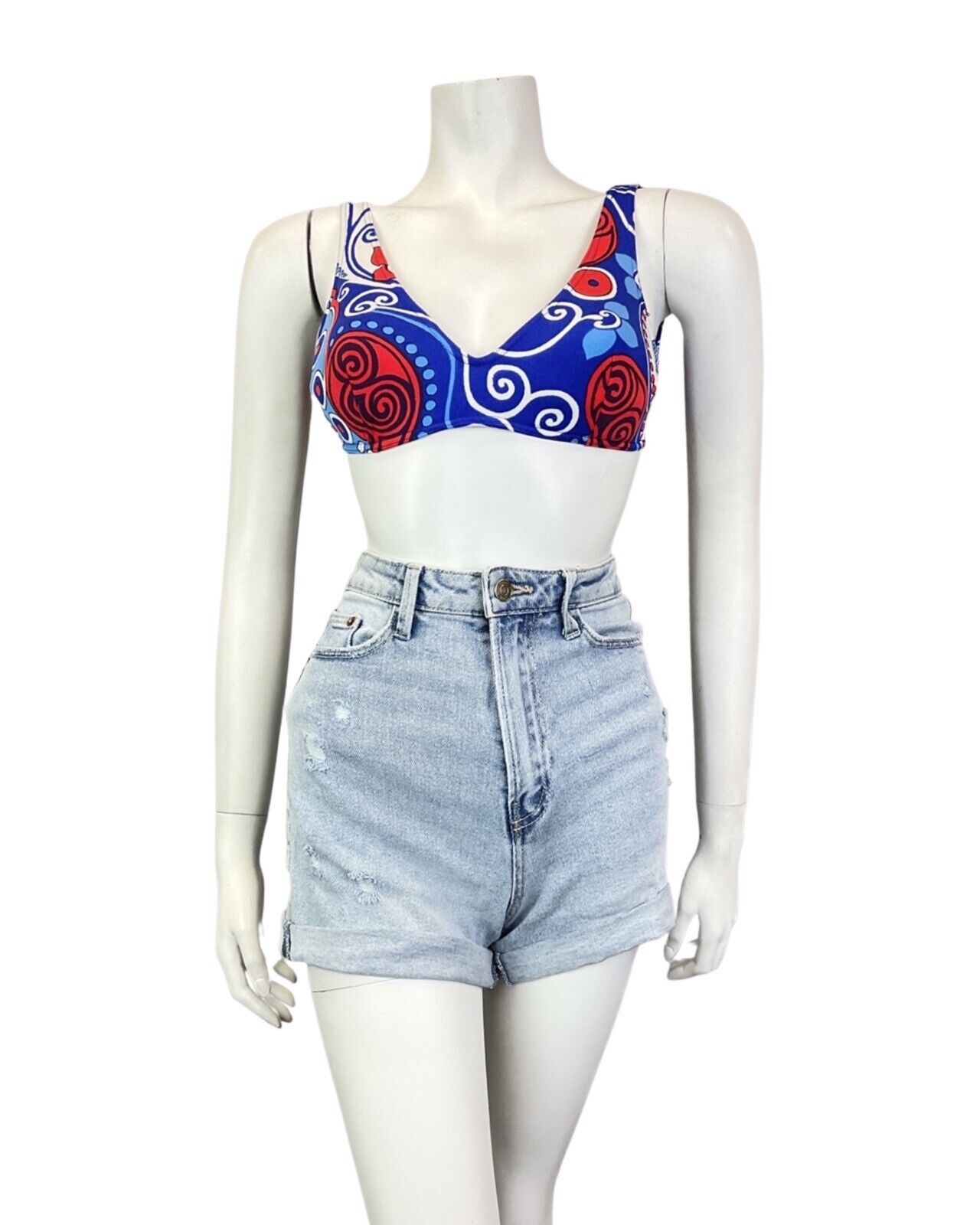 VINTAGE 60s BLUE RED WHITE PSYCHEDELIC SWIRL BIKINI SWIM SET BRALETTE SHORTS 4 6