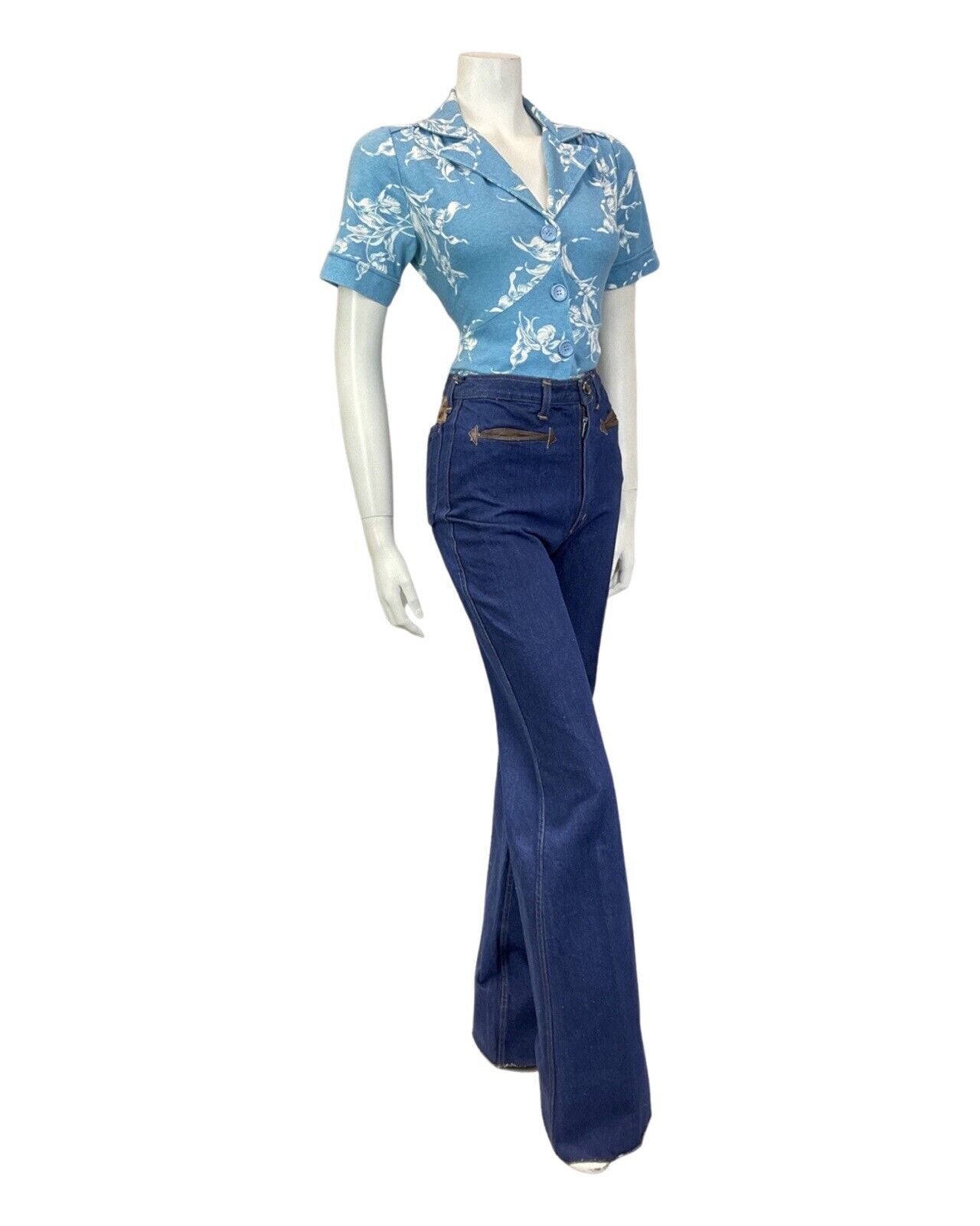 VINTAGE 60s 70s LIGHT BLUE WHITE FLORAL BELTED SHORT SLEEVE BLOUSE SHIRT 12 14
