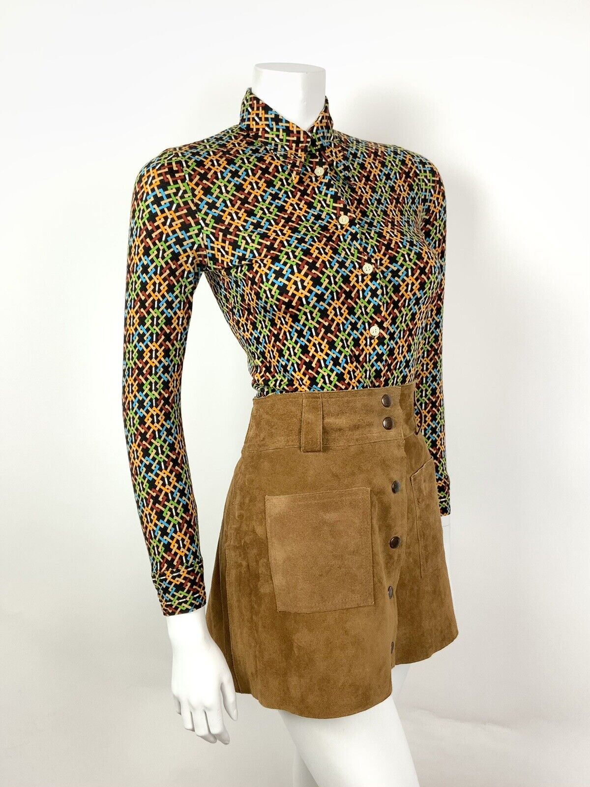 VTG 60s 70s BLACK ORANGE BLUE GREEN GEOMETRIC TRELLIS DAGGER SHIRT BLOUSE 4 6