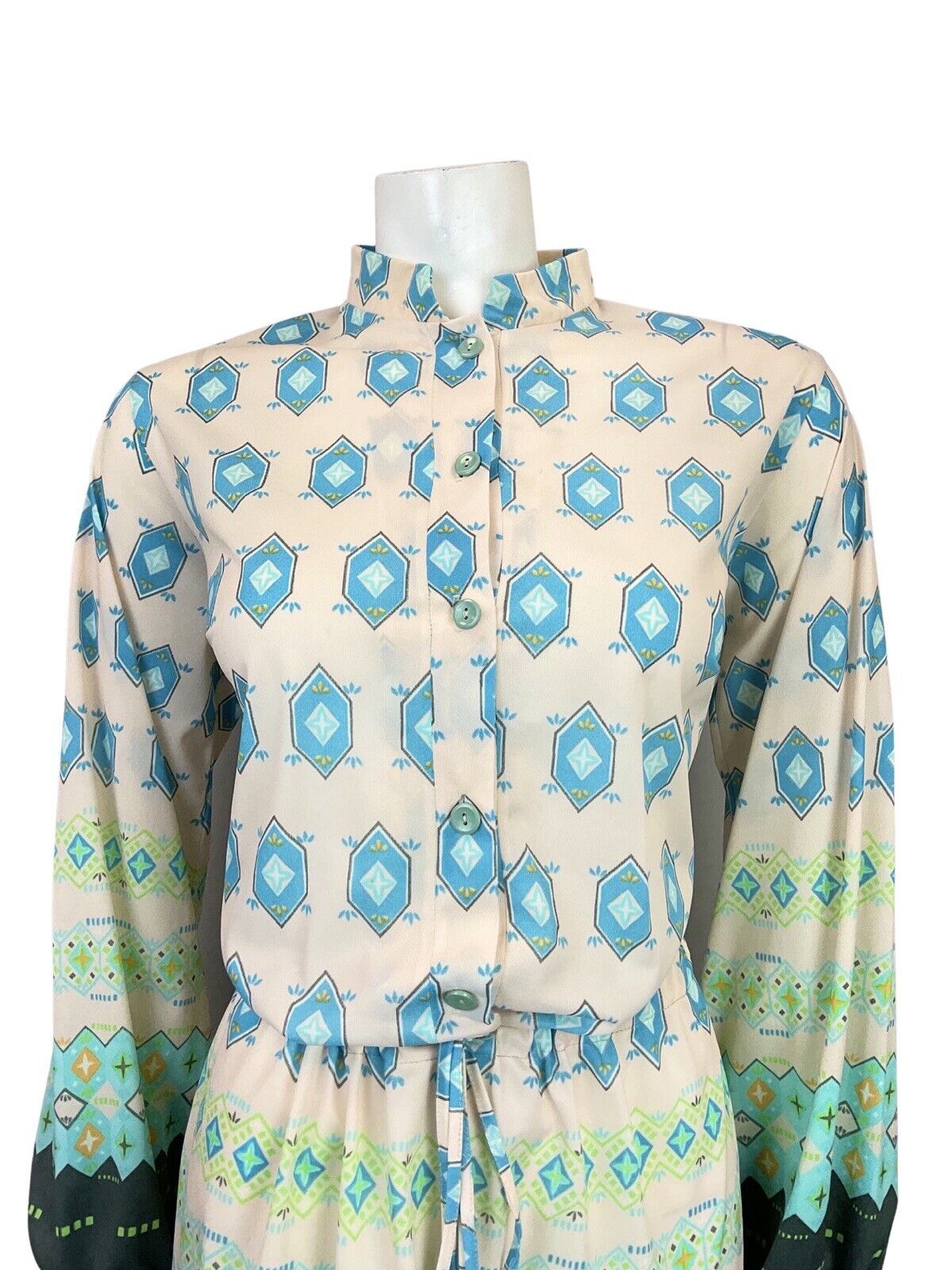 VINTAGE 60s 70s WHITE BLUE GREEN GEOMETRIC BOHO FOLK BLOUSON DRESS 12 14