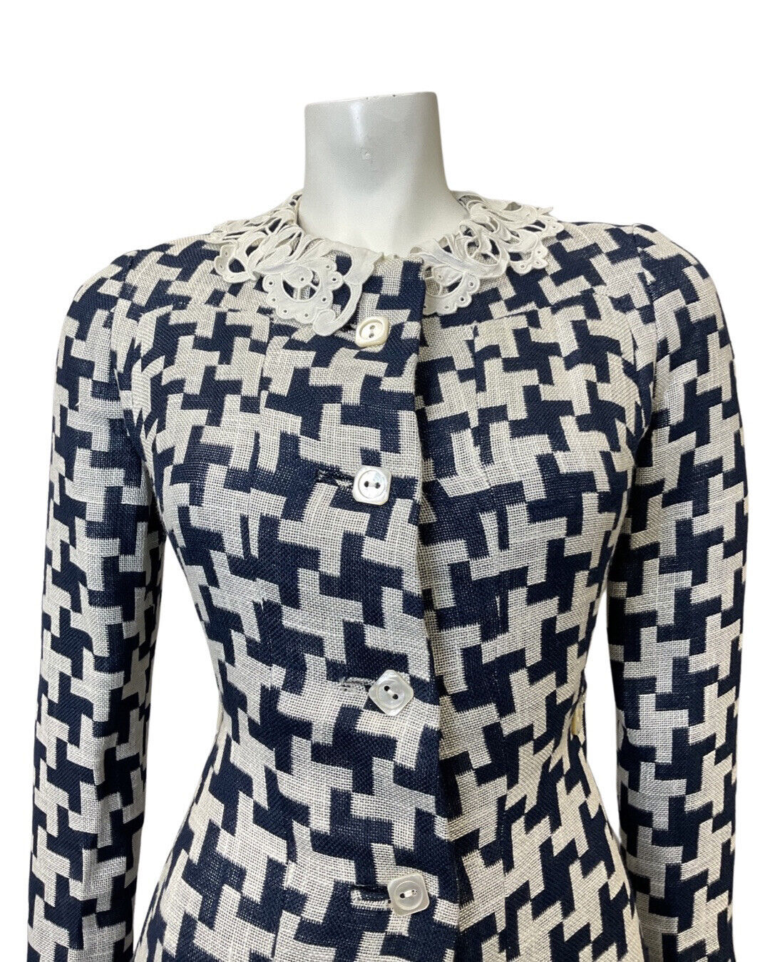 VINTAGE 70s 90s BLUE WHITE GEOMETRIC TILED LACE MOD DRESS COAT 12