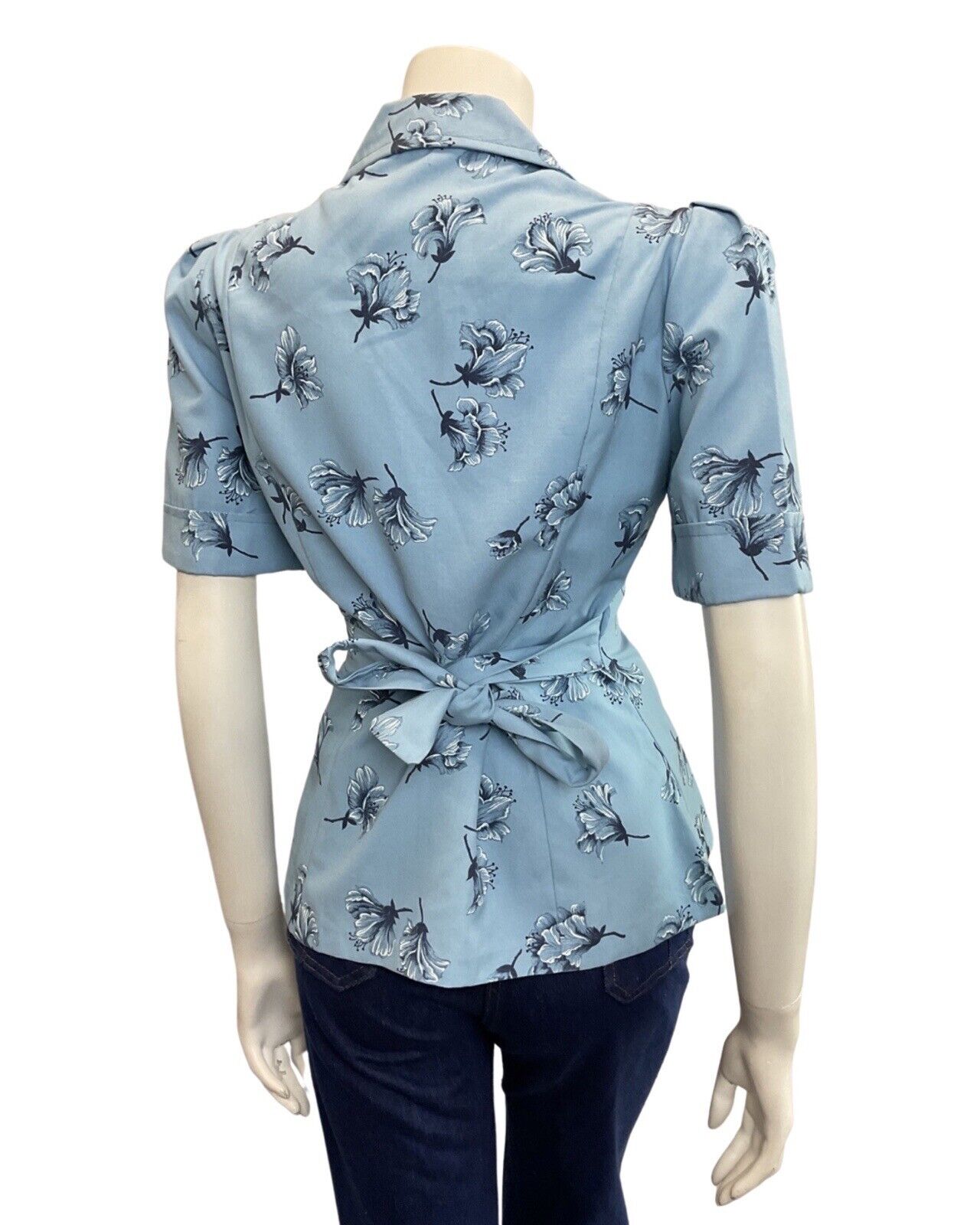 VINTAGE 70s DOES 40S BLUE NAVY FLORAL BELTED MOD BLOUSE TOP 10