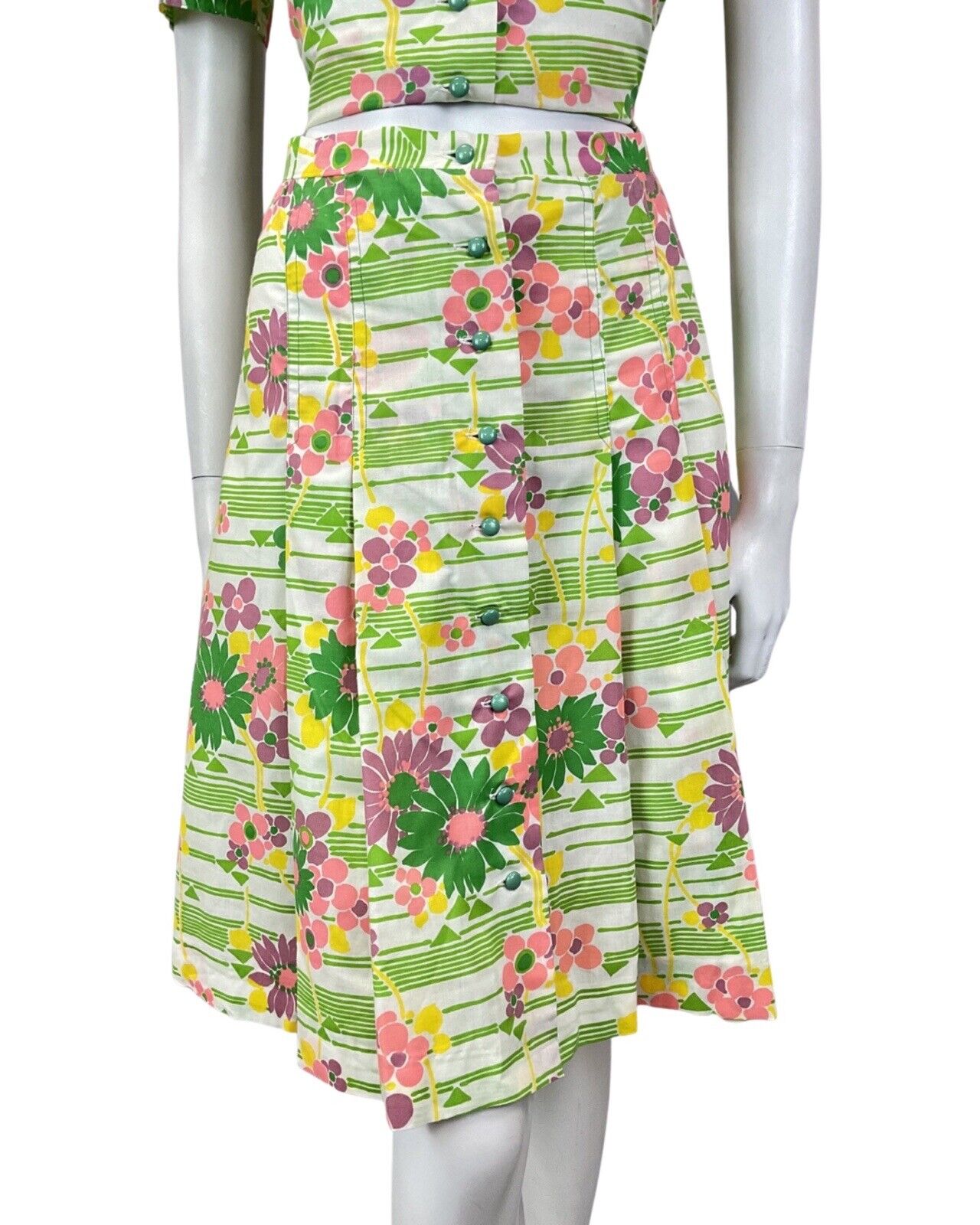 VINTAGE 60s 70s GREEN WHITE PINK STRIPED FLORAL MOD TWO-PIECE SHIRT SKIRT 10