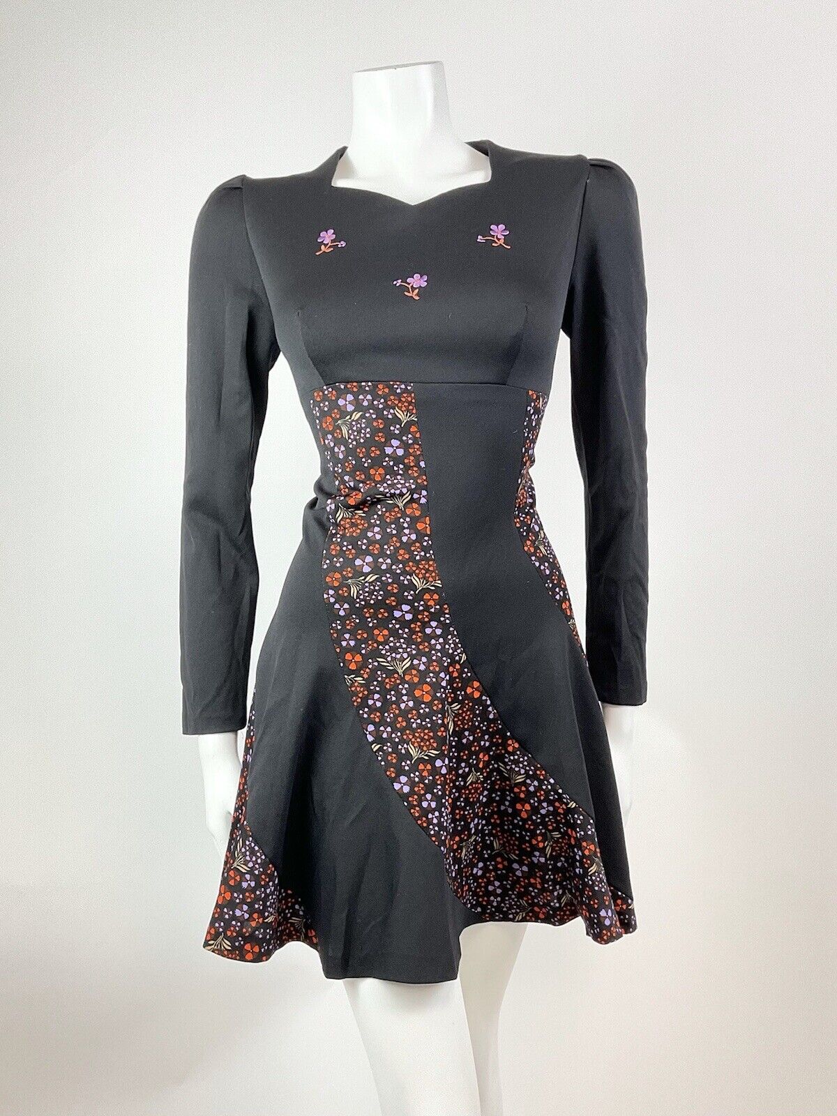 VINTAGE 60s 70s BLACK ORANGE PURPLE FLORAL EMBROIDERED MOD SKATER DRESS 10 12
