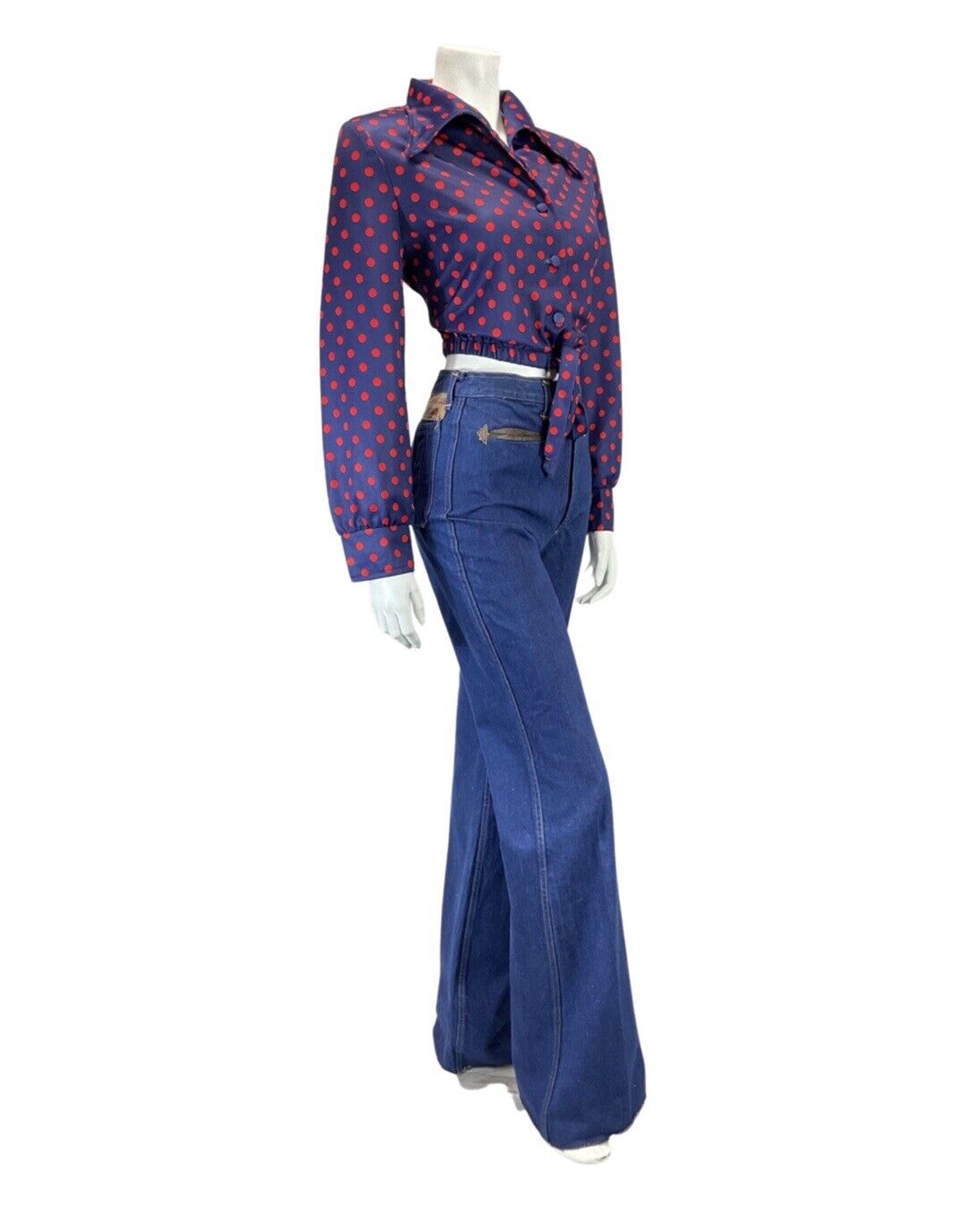 VINTAGE 60s 70s BLUE RED POLKA-DOT WING COLLAR CROPPED BLOUSE TOP 12