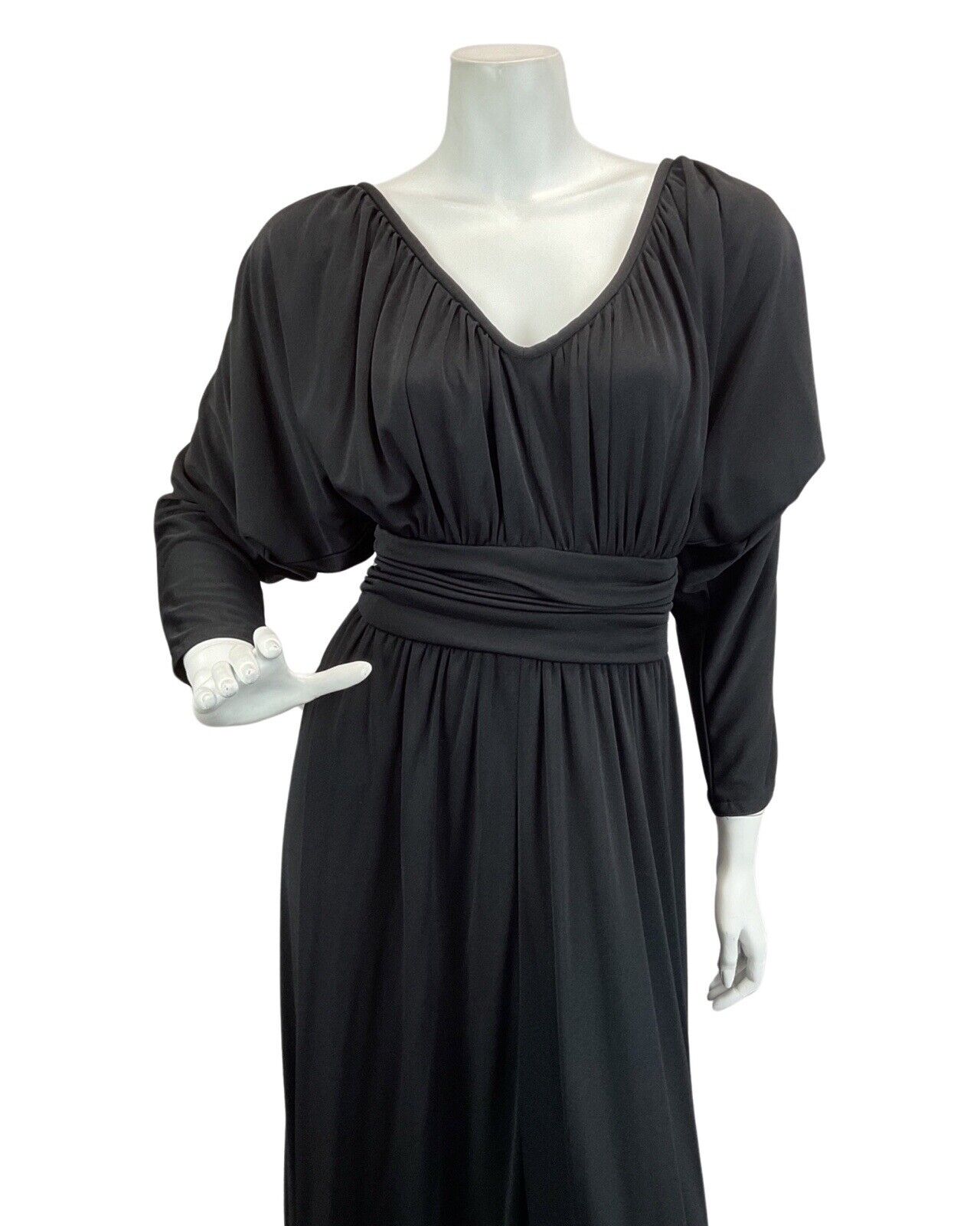 VINTAGE 60s 70s BLACK BAT WING BOHO DISCO PARTY EVENING MAXI DRESS 10