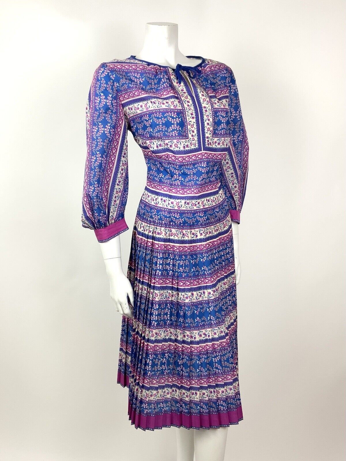 VTG 60s 70s BLUE PINK WHITE FLORAL STRIPED GYPSY BOHO FOLK PLEATED DRESS 14 16