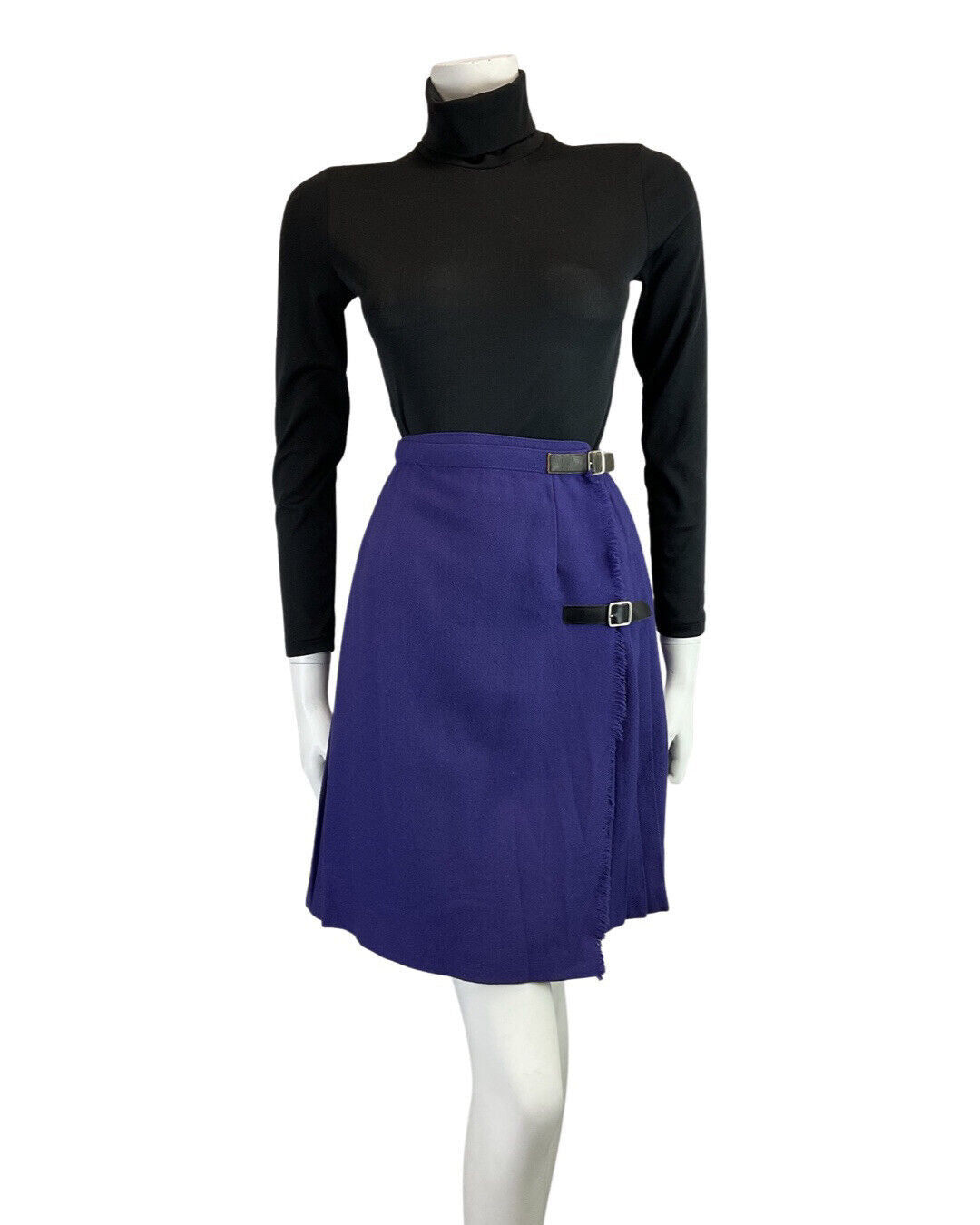 VINTAGE 60s 70s PURPLE PLEATED WOOL MOD BUCKLED KILT SKIRT 4