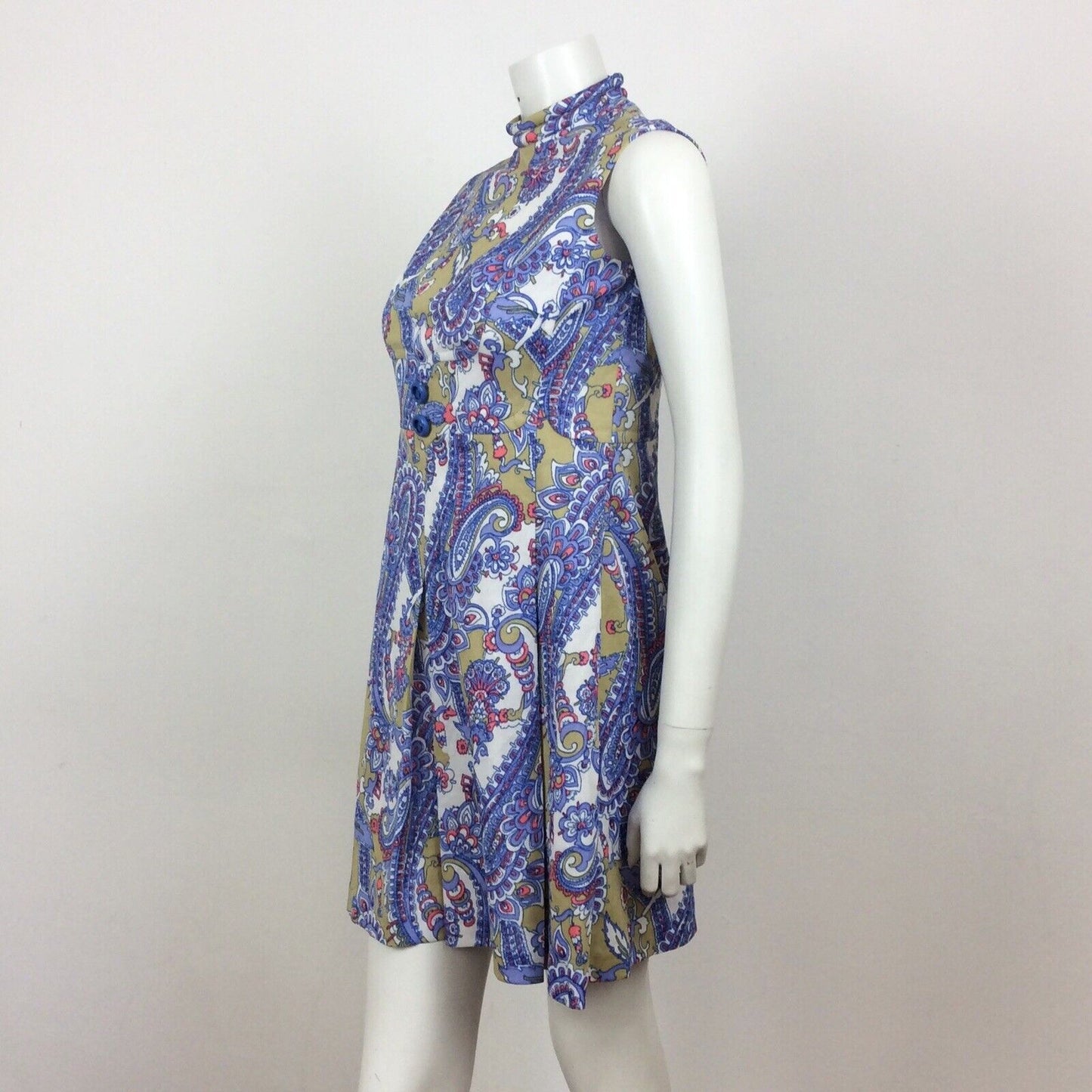 60S VINTAGE PURPLE CREAM MUSTARD PINK PAISLEY PATTERN MINI DRESS 8 10