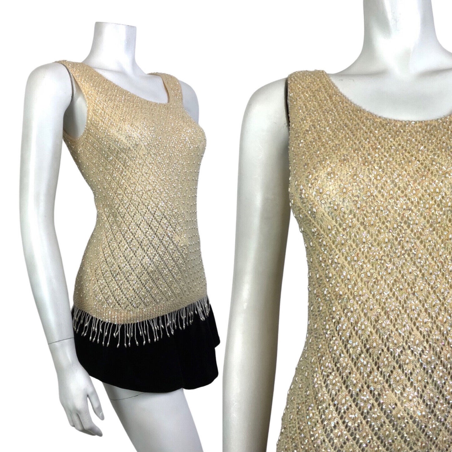 VINTAGE 70s CREAM IRIDESCENT PEARL SEQUIN BEADED TASSELED KNITTED TOP 8 10