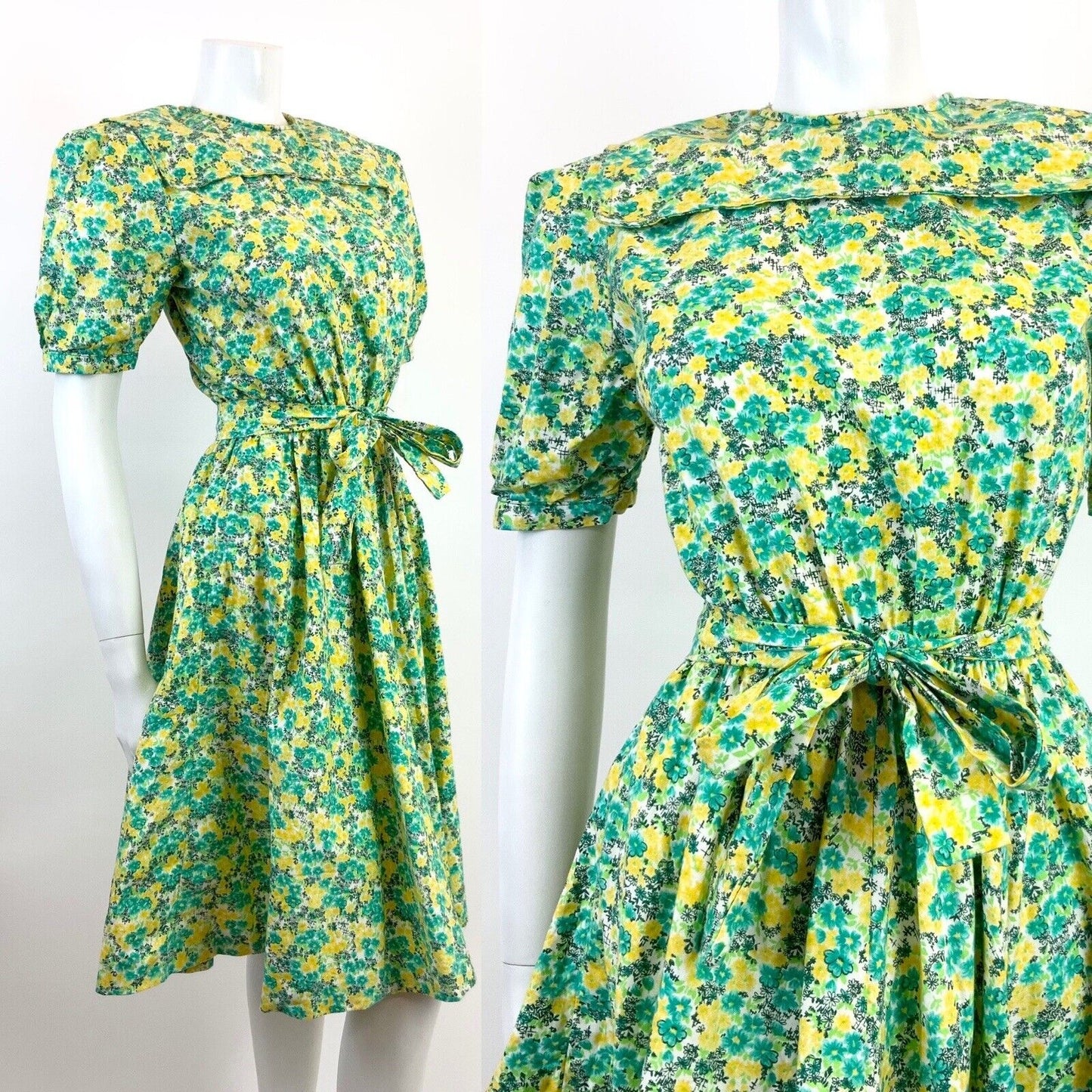 VINTAGE 60s 70s GREEN YELLOW WHITE FLORAL DITSY PRAIRIE FOLK SWING DRESS 8 10