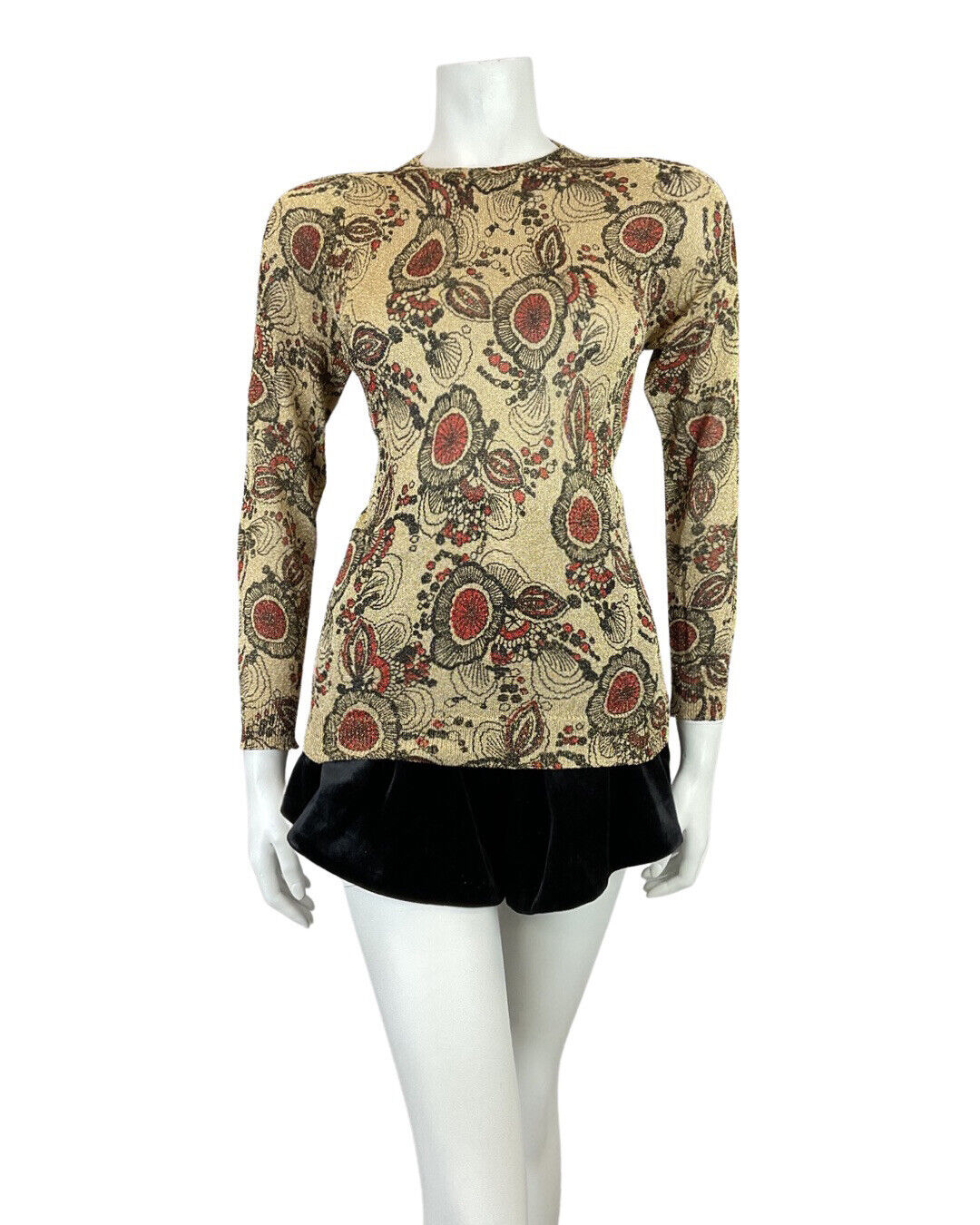 VINTAGE 60s 70s GOLD BLACK RED PSYCHEDELIC FLORAL LONGSLEEVE LUREX BLOUSE 10 12