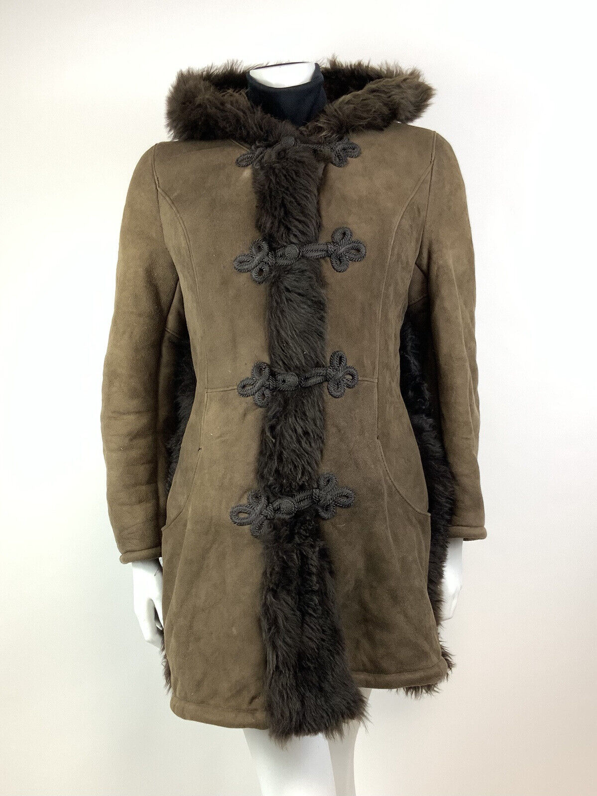 VINTAGE 60s 70s DARK BROWN SUEDE SHEARLING BROCADE HOODED BOHO MOD COAT 14 16