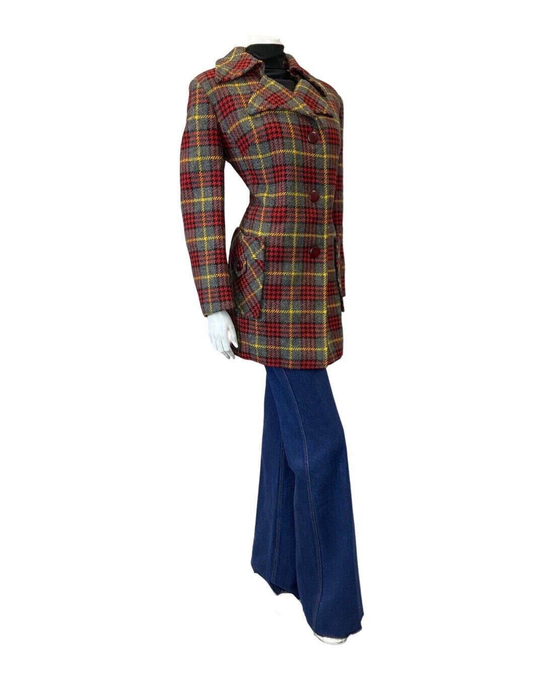 VINTAGE 60s 70s GREY RED YELLOW TARTAN CHECKED MOD WOOL COAT 14 16